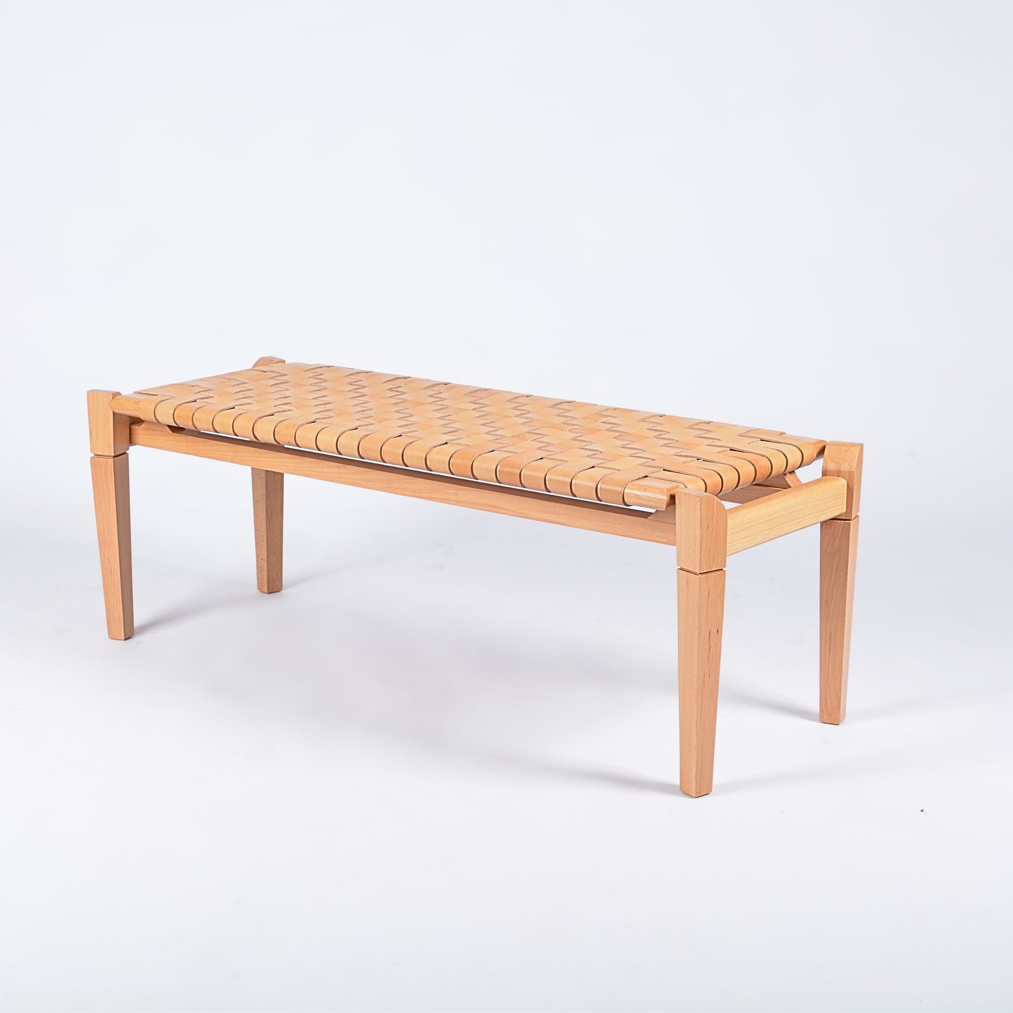 Leif Woven Leather Bench Beige Strap Varnished Teak Wood - LuxoraCraft