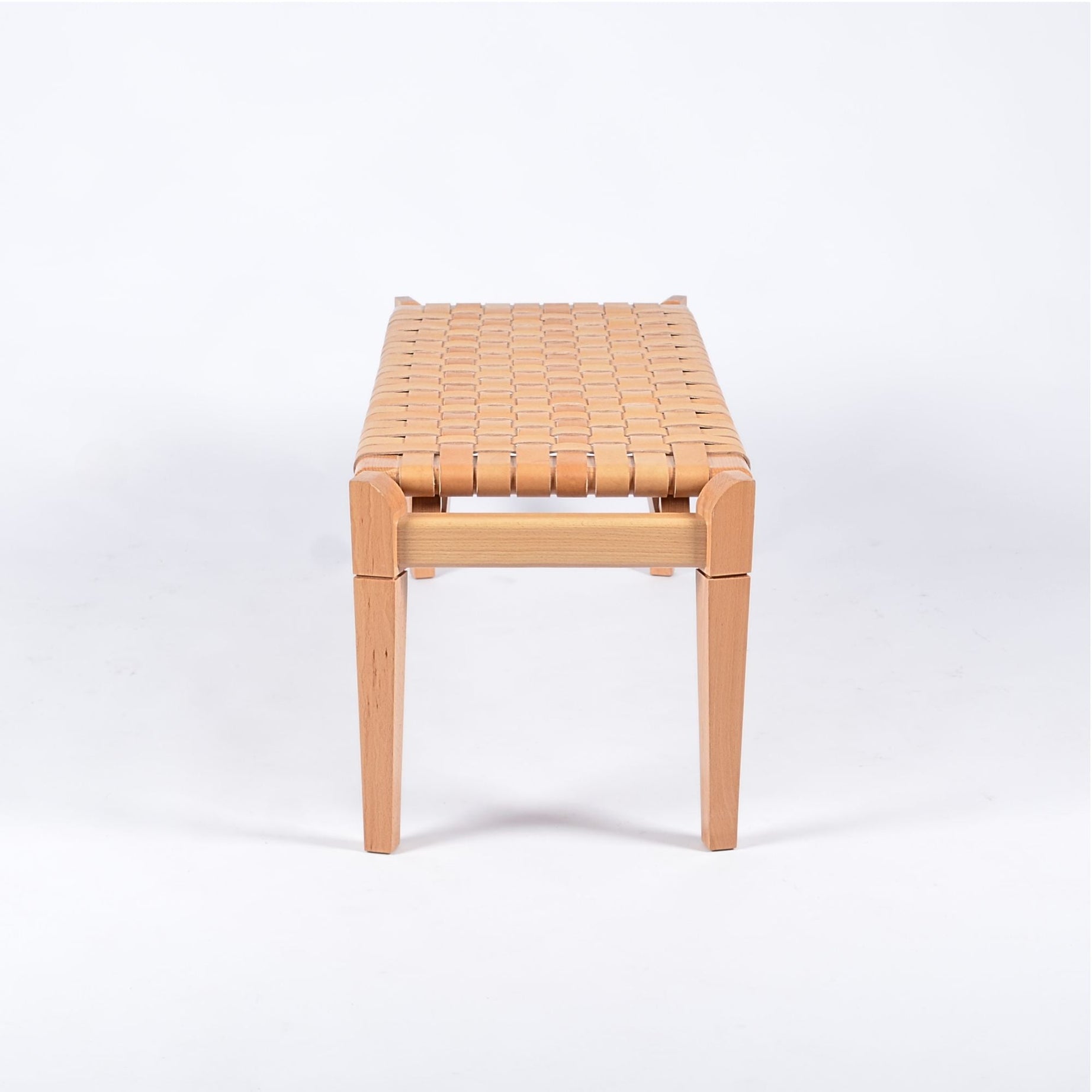 Leif Woven Leather Bench Beige Varnished Teak Side View - LuxoraCraft