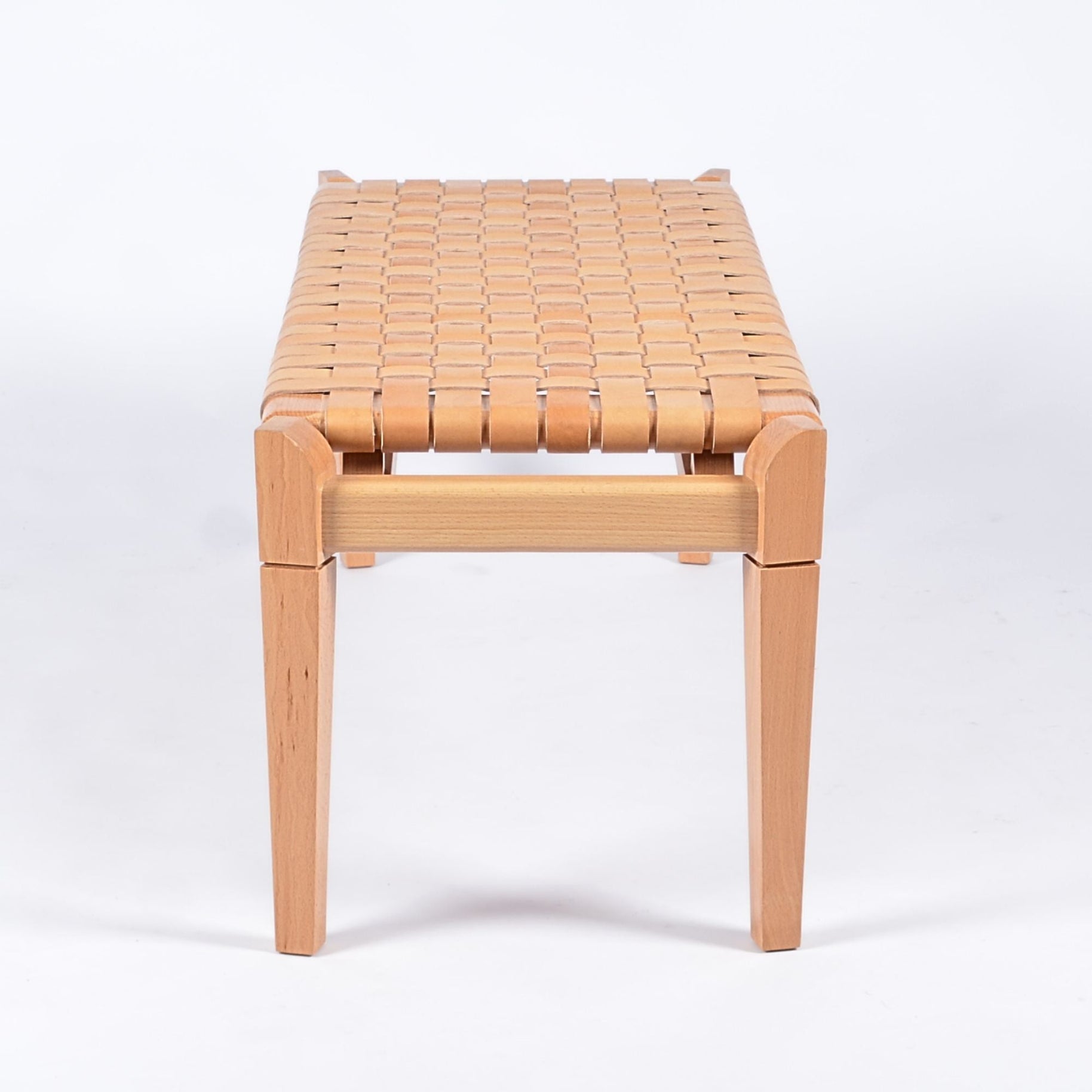 Leif Beige Leather Strap Bench Varnished Teak Handcrafted - LuxoraCraft