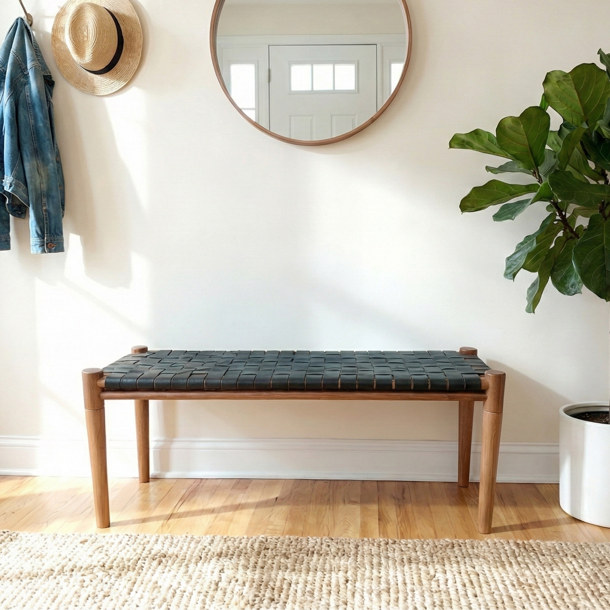 Mira Woven Leather Bench – Brown Finish Teak & Black Leather