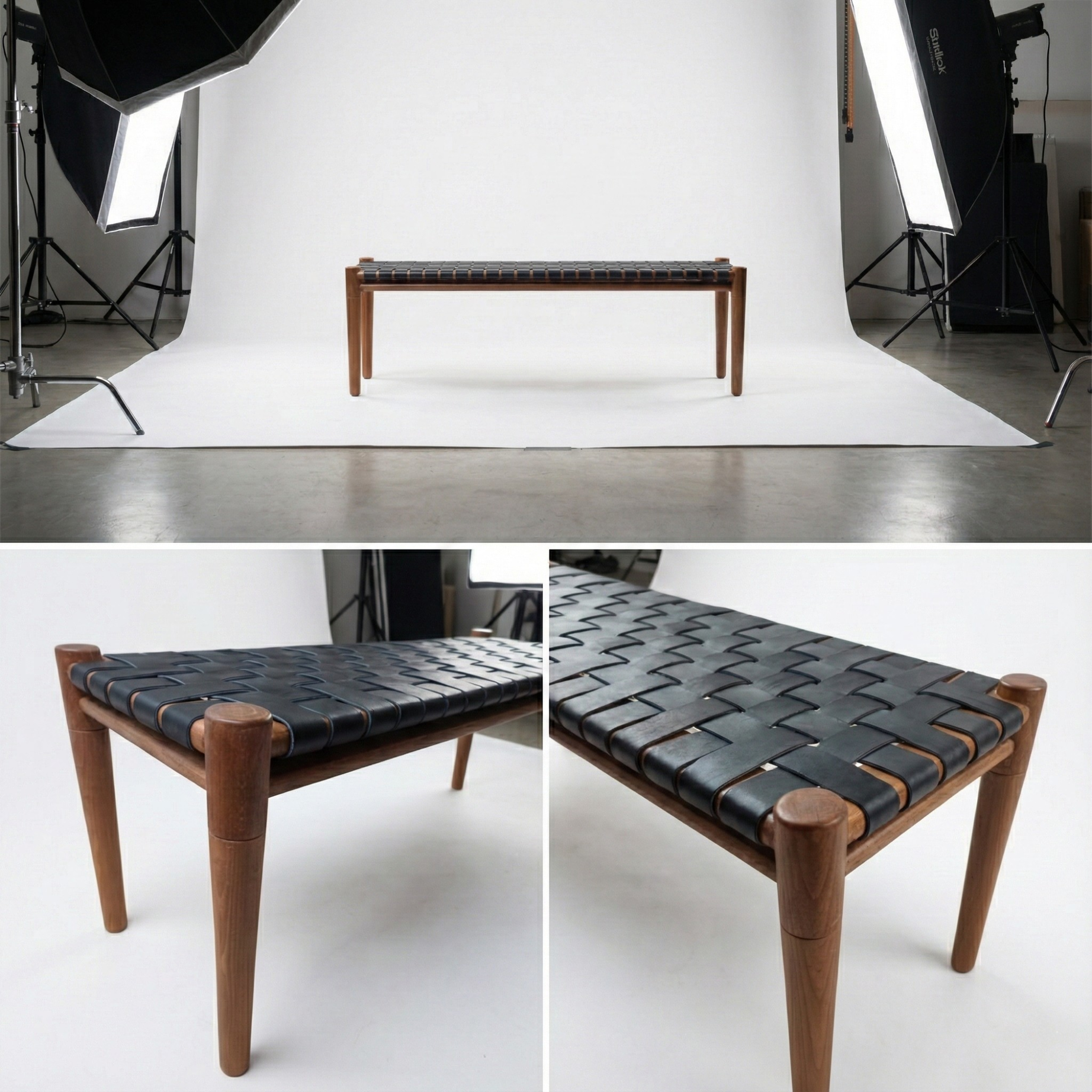 Mira Woven Leather Bench – Brown Finish Teak & Black Leather