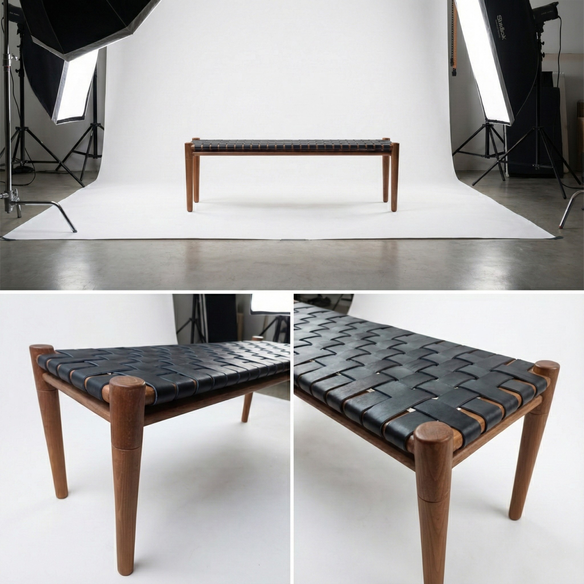 Mira Woven Leather Bench – Brown Finish Teak & Black Leather