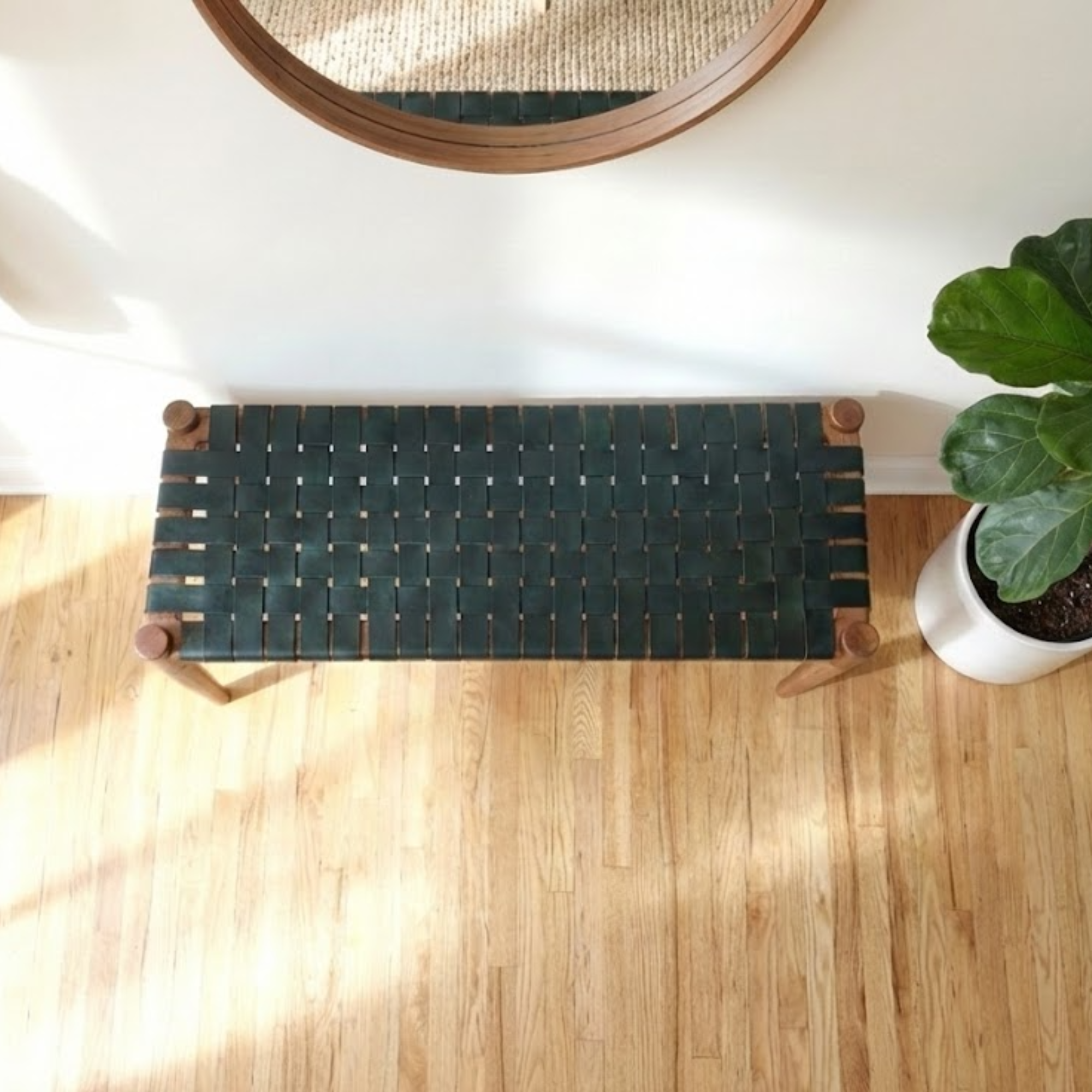 Mira Woven Leather Bench – Brown Finish Teak & Black Leather