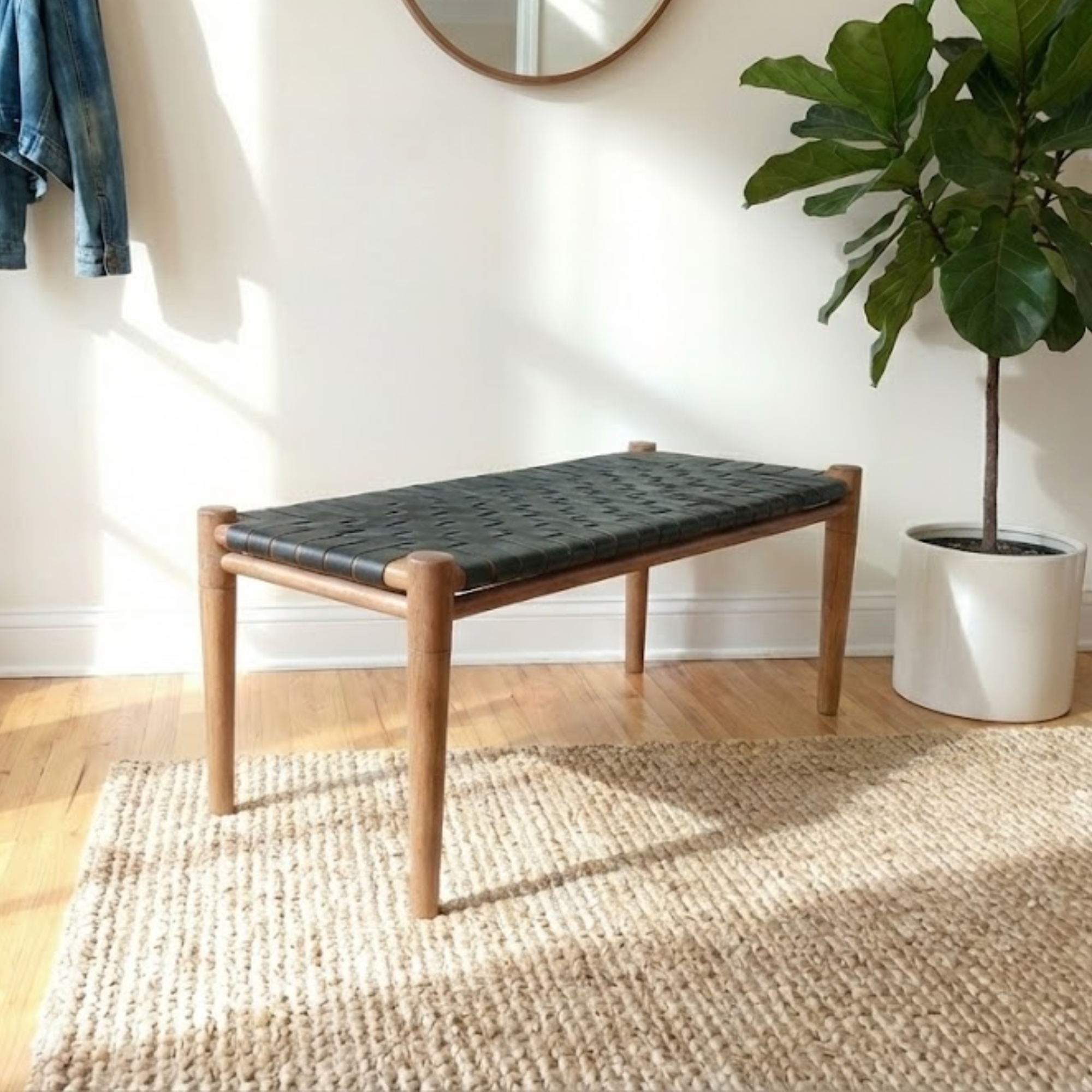 Mira Woven Leather Bench – Brown Finish Teak & Black Leather