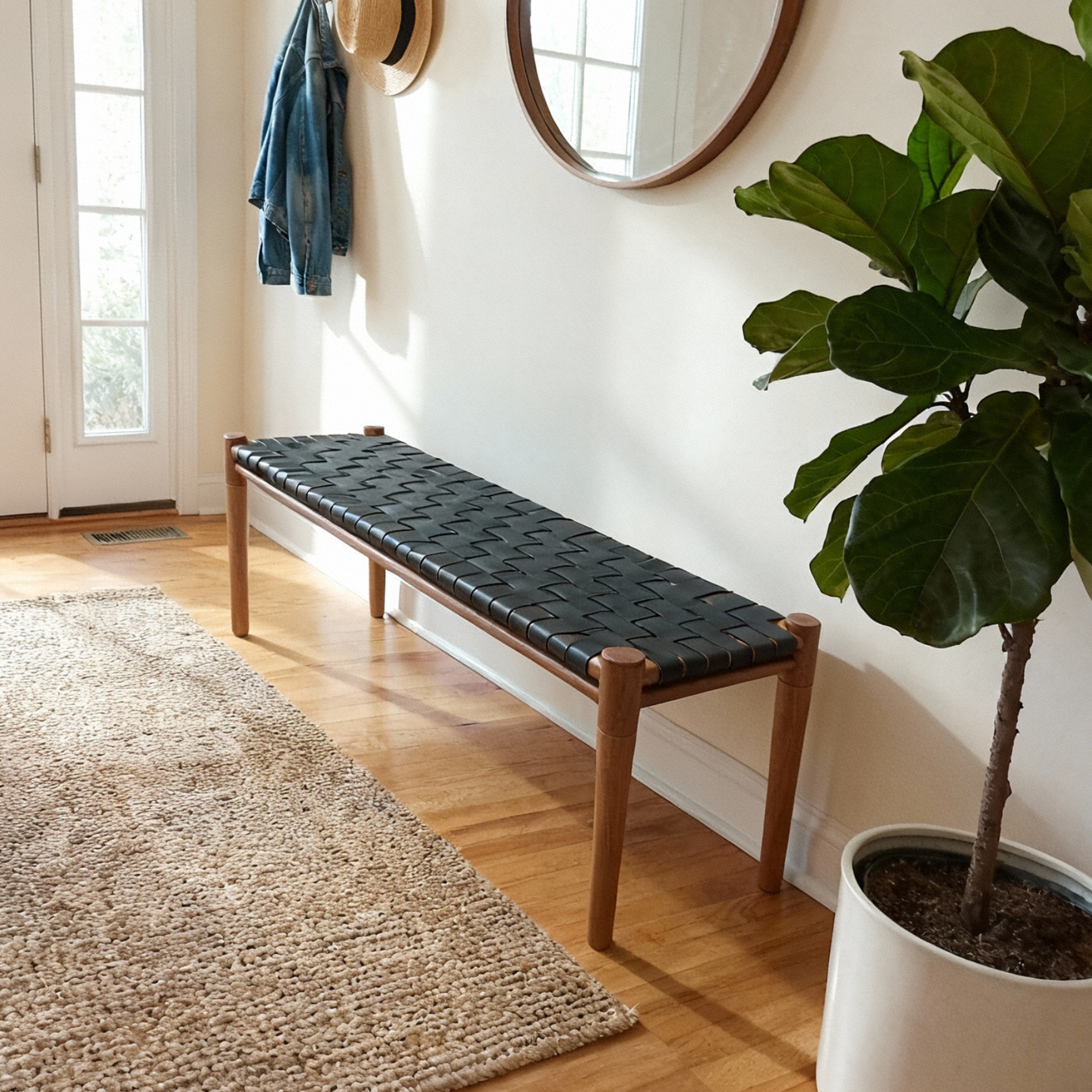 Mira Woven Leather Bench – Brown Finish Teak & Black Leather