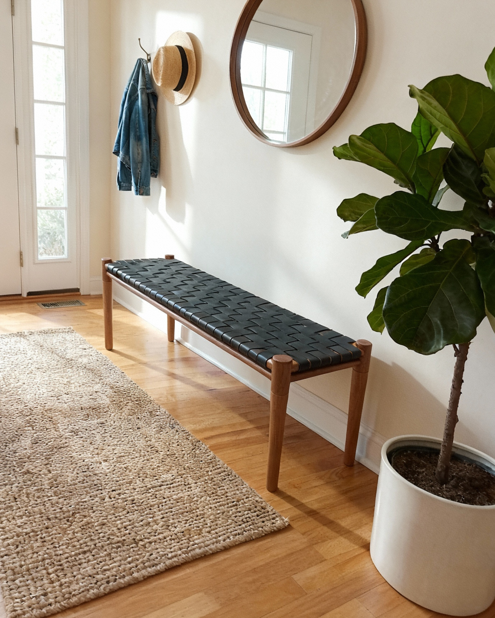 Mira Woven Leather Bench – Brown Finish Teak & Black Leather