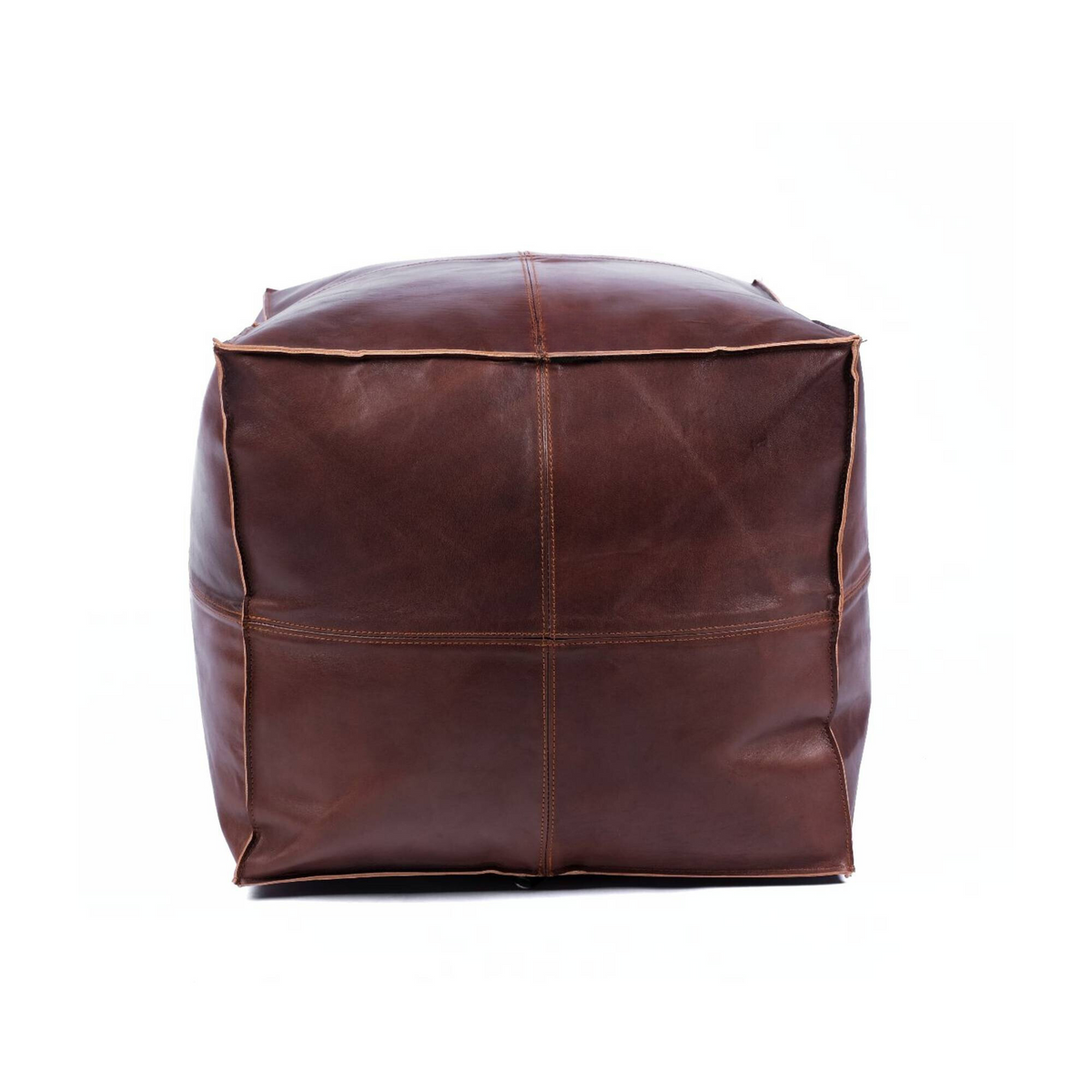 Dark Brown Square Leather Ottoman Pouf Front View - LuxoraCraft