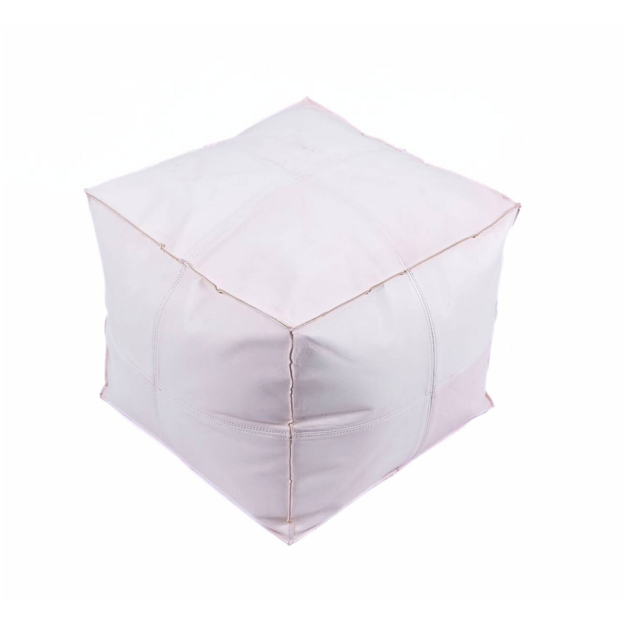 White Square Leather Pouf Ottoman Side View Moroccan - LuxoraCraft
