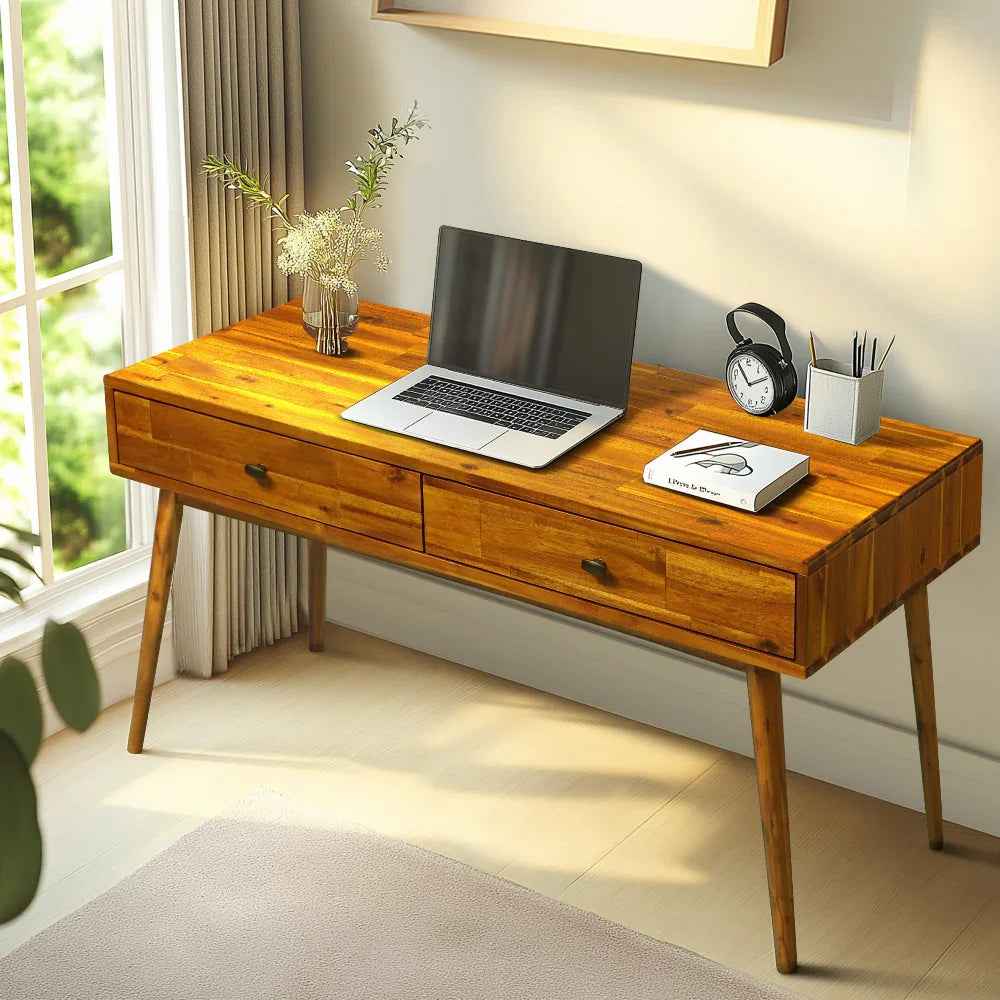 Acacia Lagom 48" Solid Wood Work Desk with Drawers for Functional Home Office Megsu