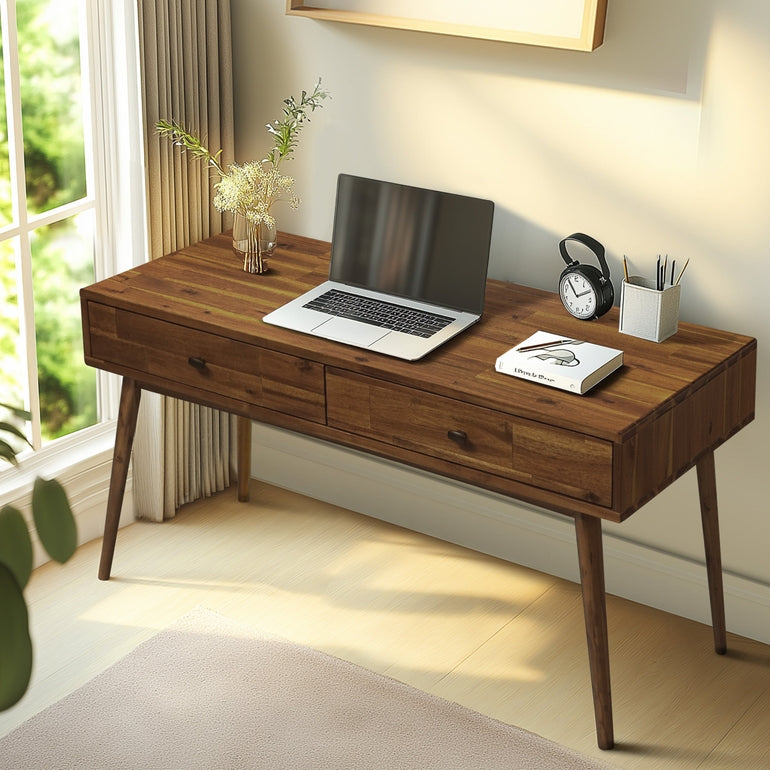 Acacia Lagom 48" Solid Wood Work Desk with Drawers for Functional Home Office Megsu