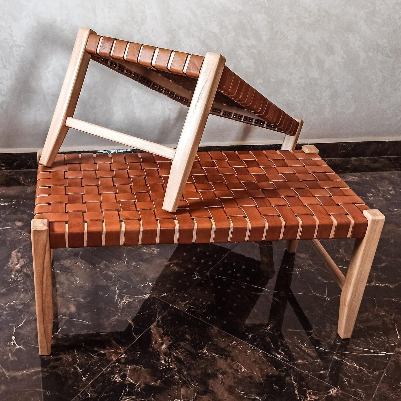 Ragnar Woven Cognac Leather Bench Varnished Teak Front - LuxoraCraft