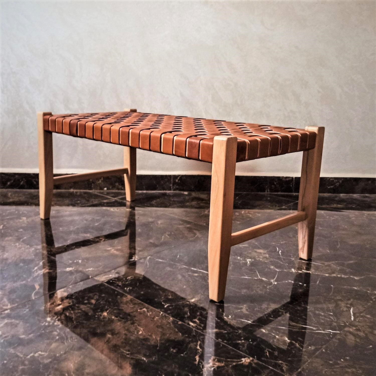 Ragnar Cognac Strap Woven Leather Bench Varnished Teak - LuxoraCraft