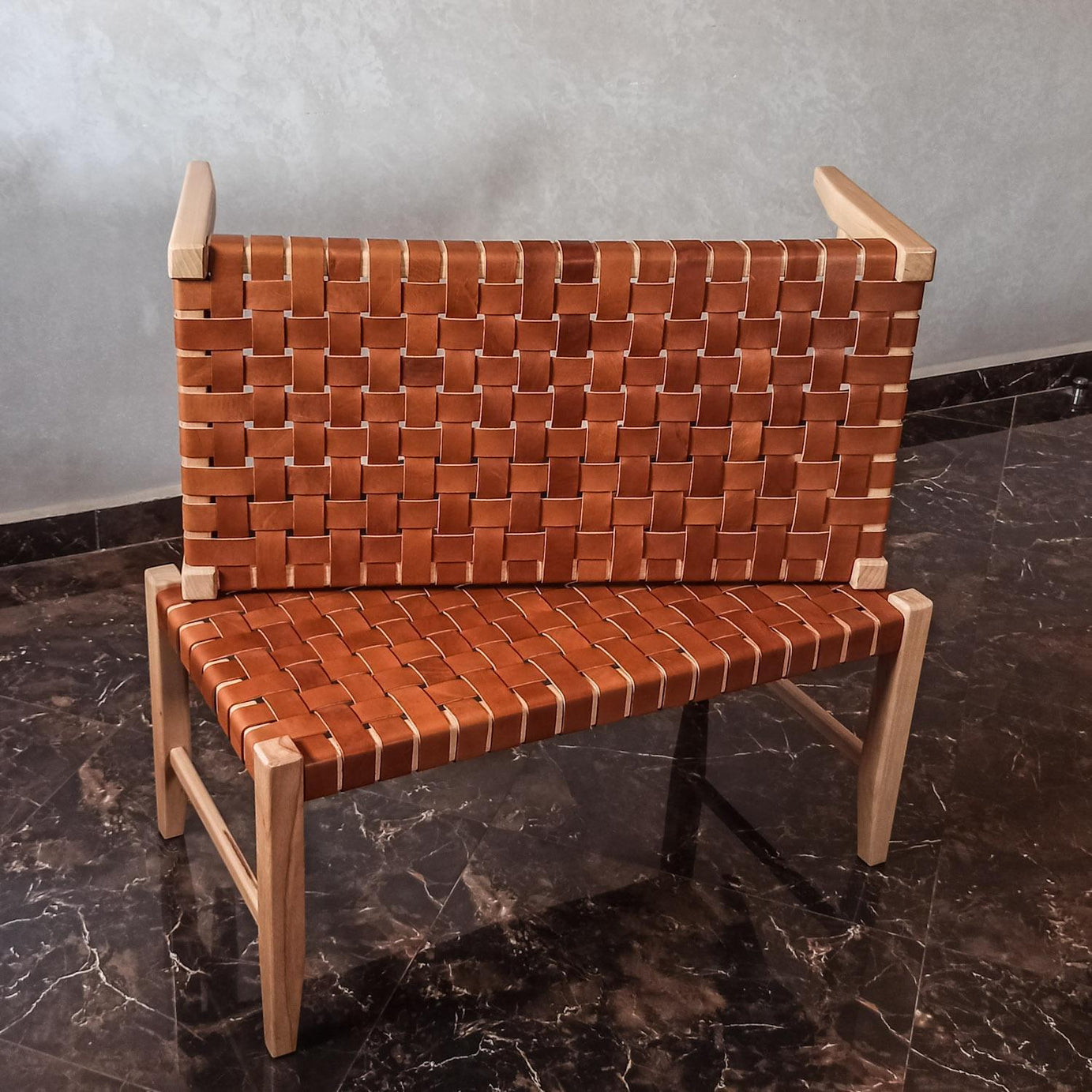Ragnar Cognac Leather Strap Bench Varnished Teak Handcrafted - LuxoraCraft