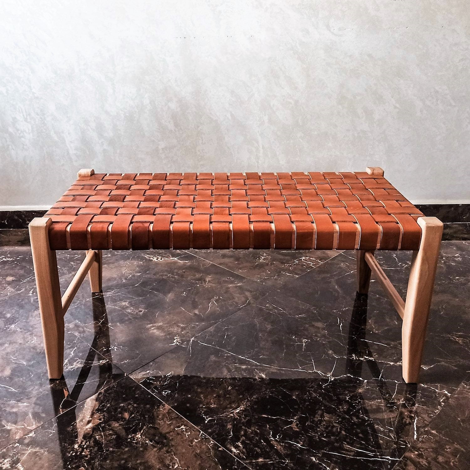 Ragnar Woven Cognac Leather Bench Varnished Teak Design - LuxoraCraft