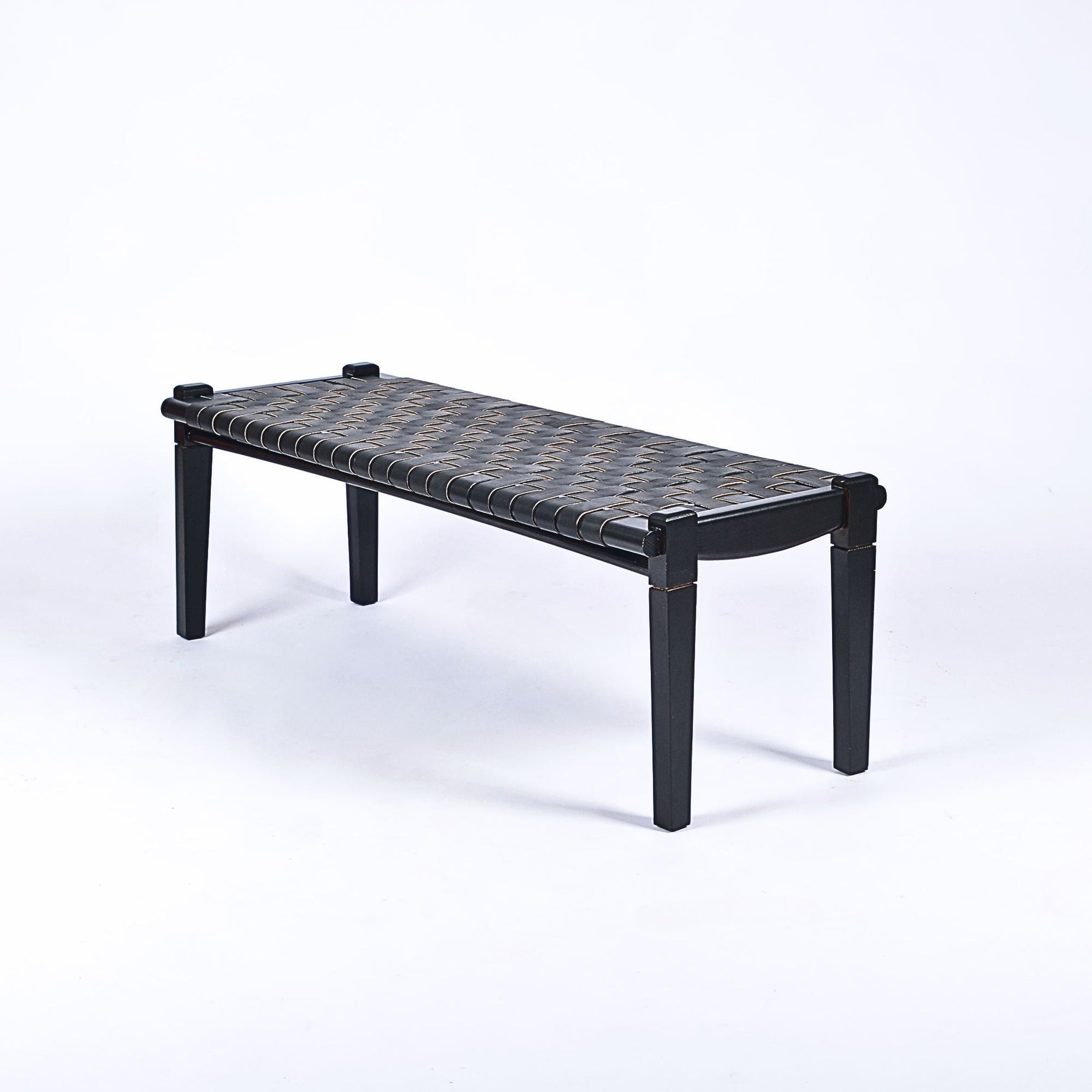 Solveig Black Strap Woven Leather Bench Black Teak Wood - LuxoraCraft