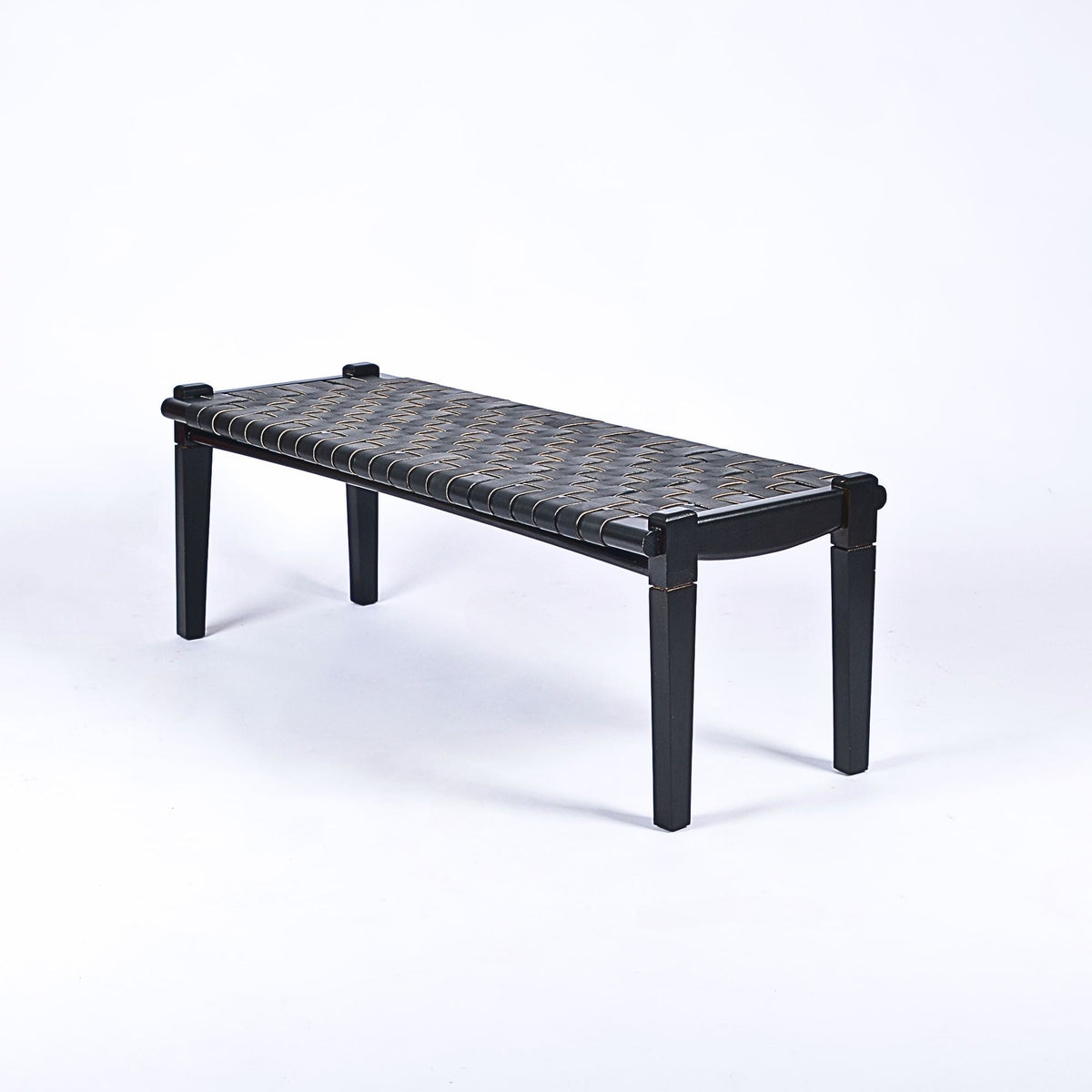 Solveig Black Strap Woven Leather Bench Black Teak Wood - LuxoraCraft