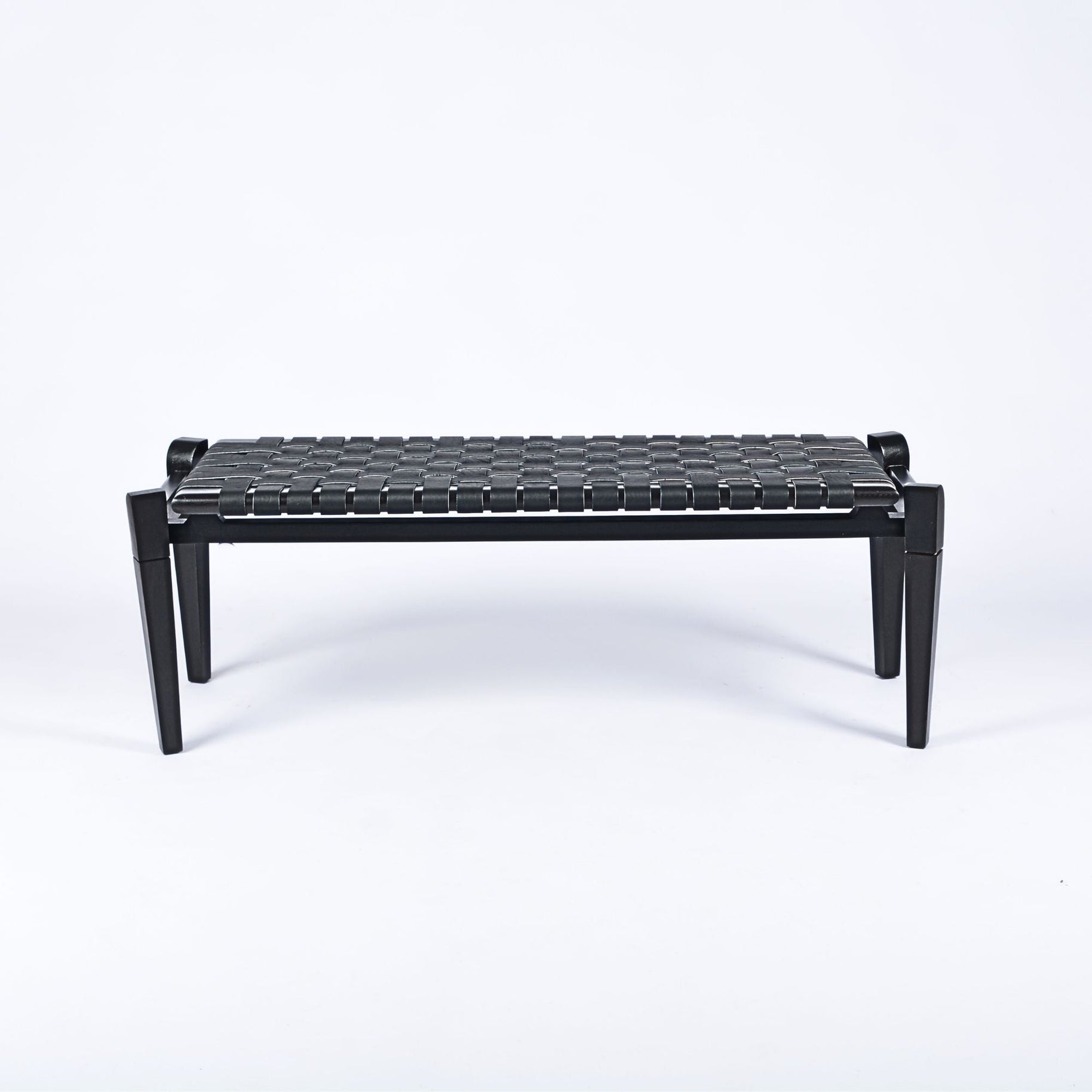 Solveig Woven Leather Bench Black Teak Wood Side View - LuxoraCraft