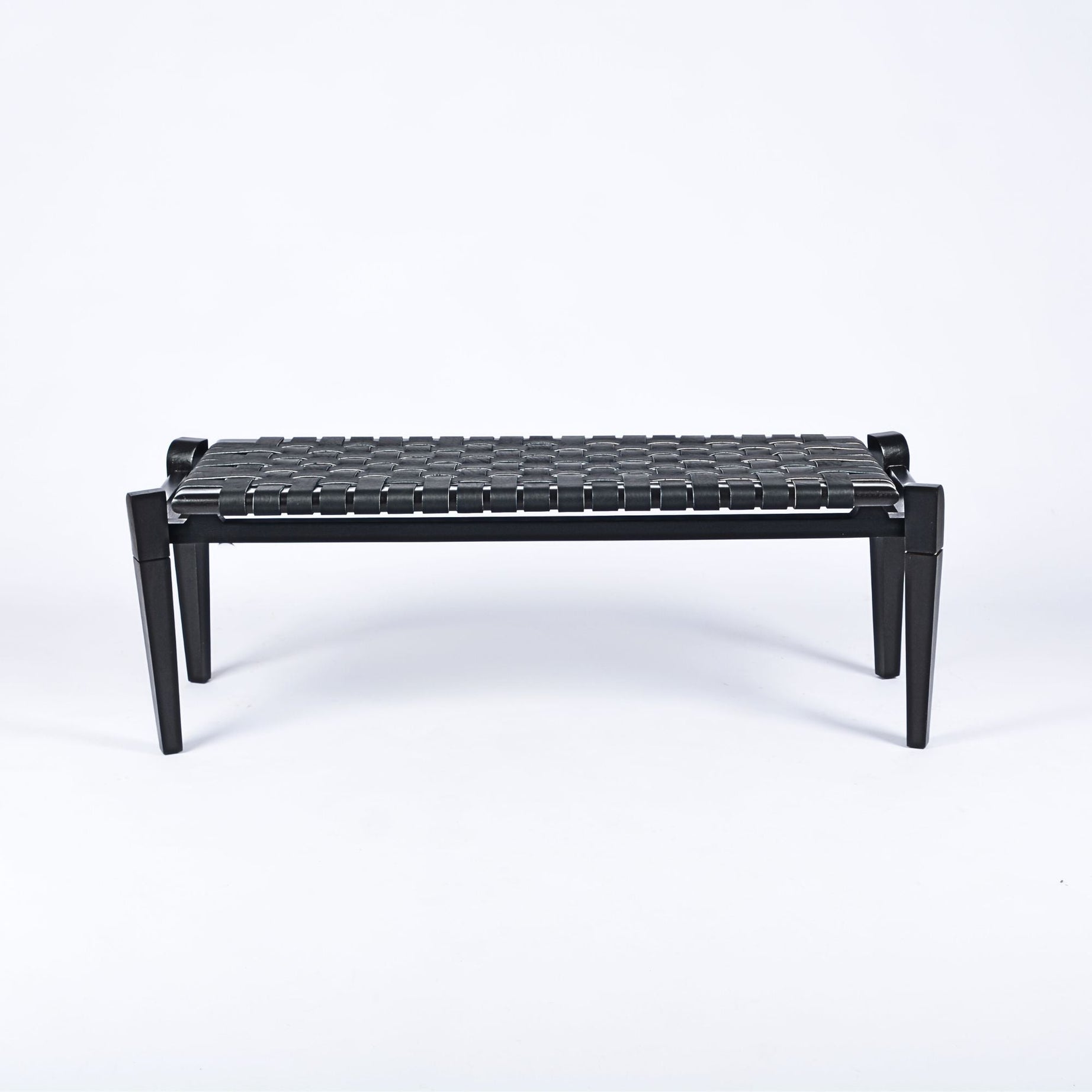 Solveig Woven Leather Bench Black Teak Wood Side View - LuxoraCraft