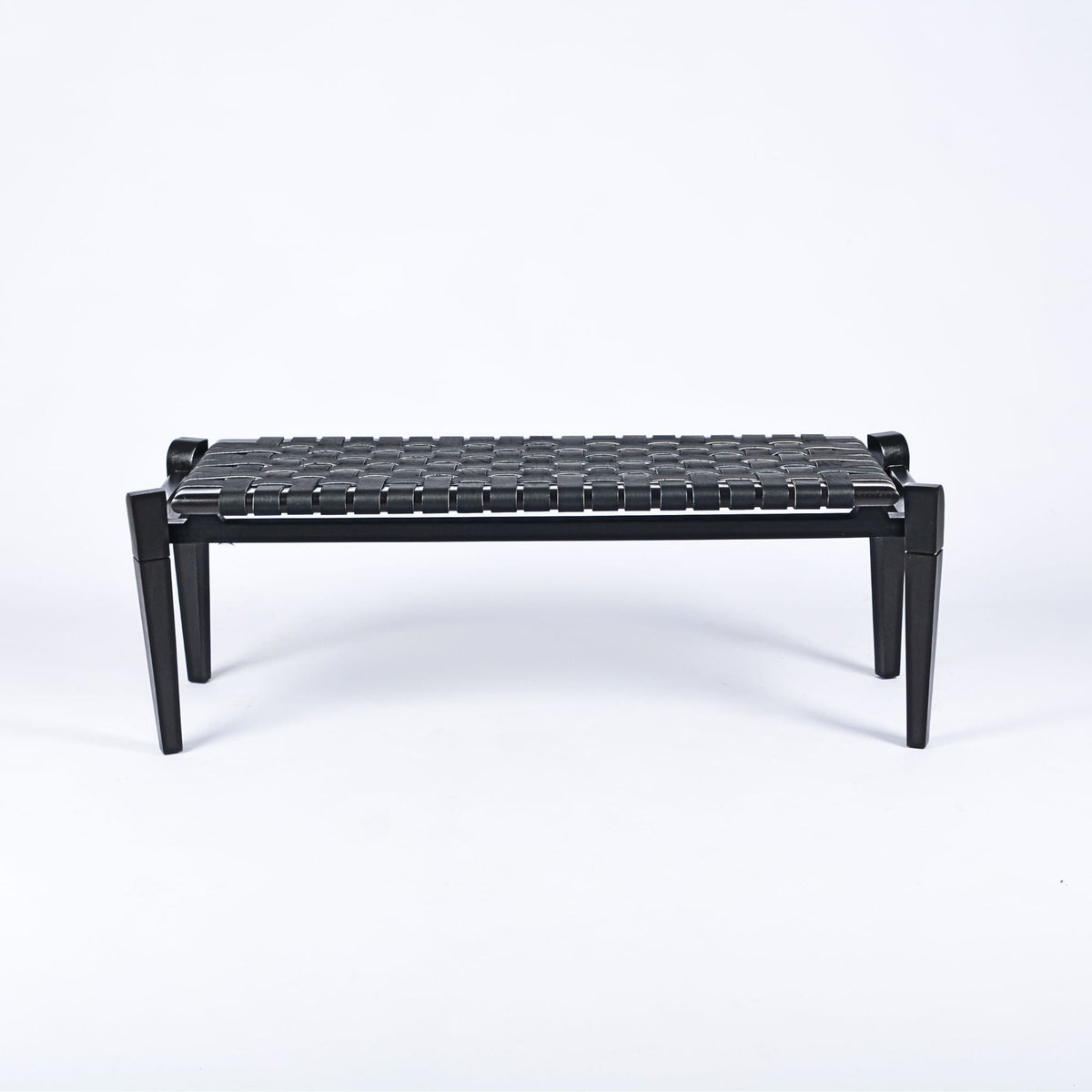Solveig Woven Leather Bench Black Teak Wood Side View - LuxoraCraft