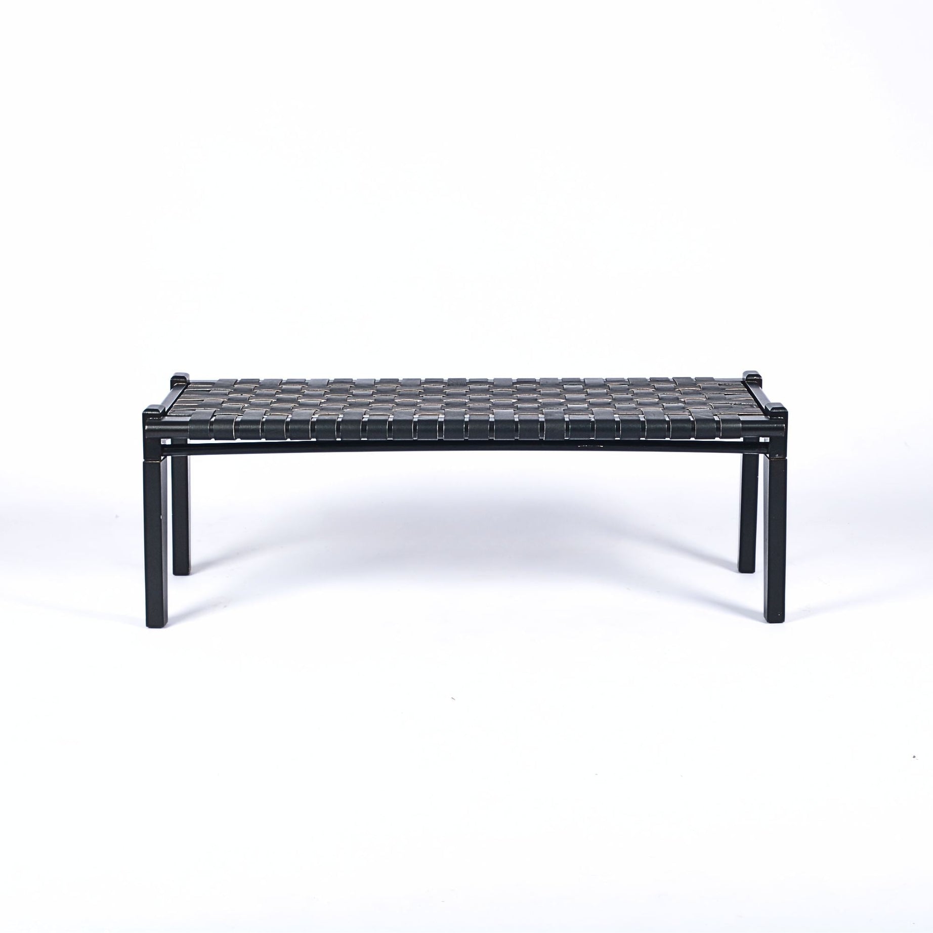 Solveig Woven Black Leather Bench Black Teak Frame - LuxoraCraft