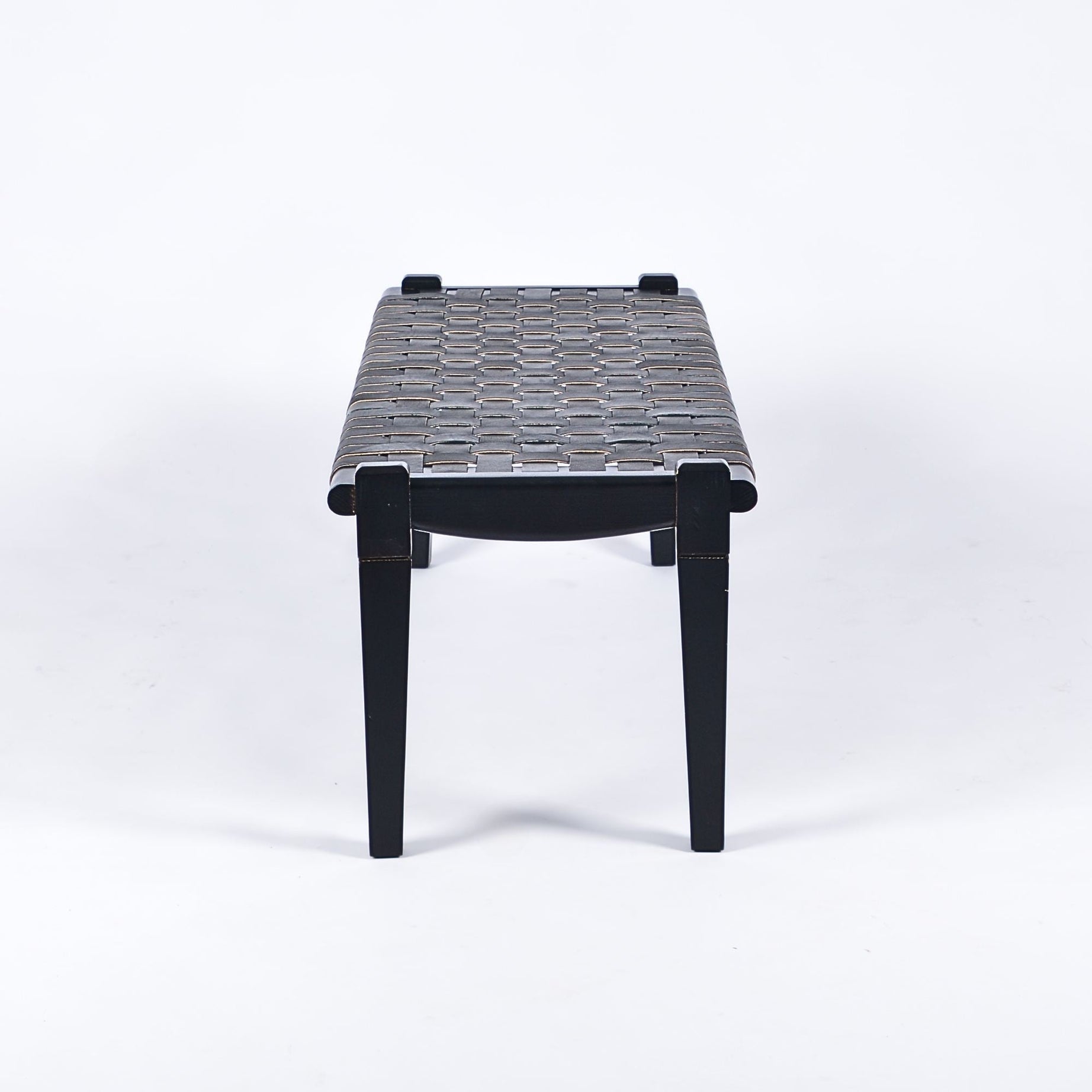 Solveig Black Teak Wood Woven Leather Bench Black Strap - LuxoraCraft