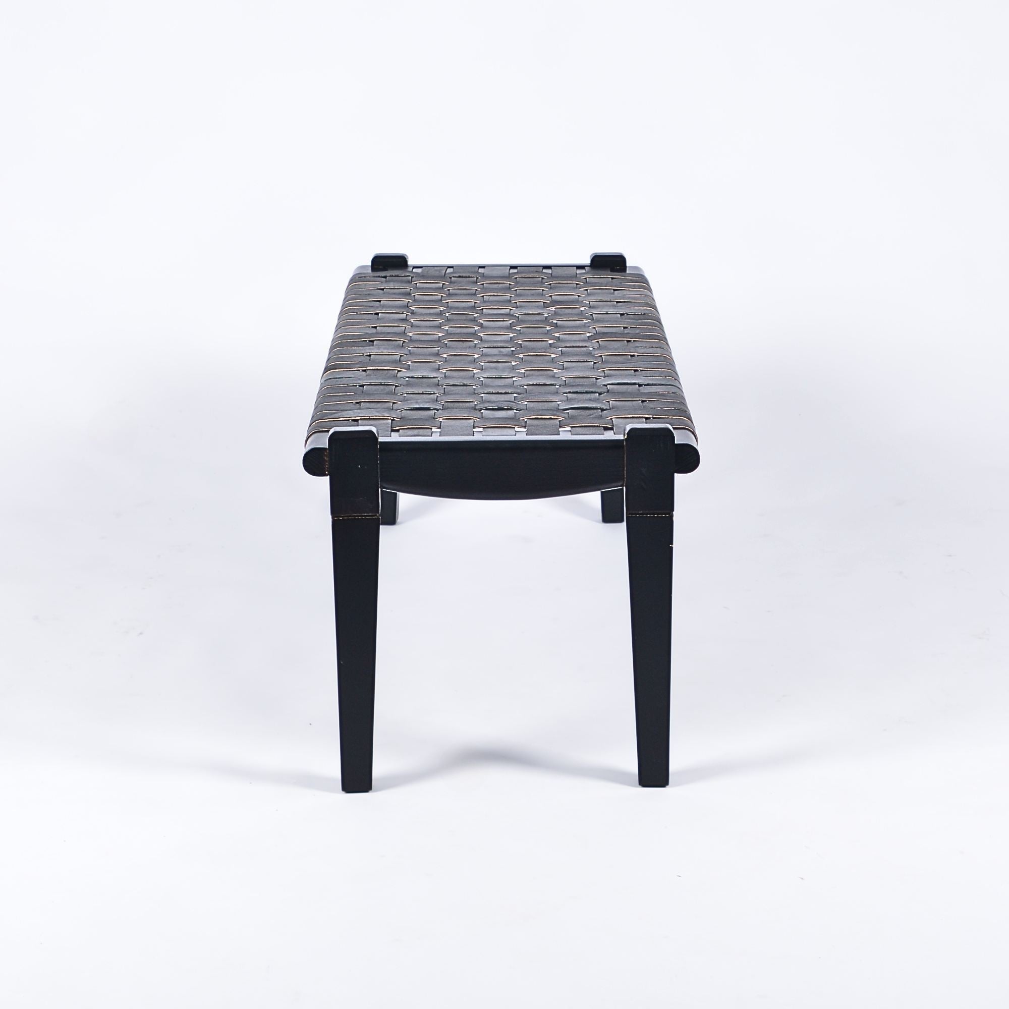 Solveig Black Teak Wood Woven Leather Bench Black Strap - LuxoraCraft