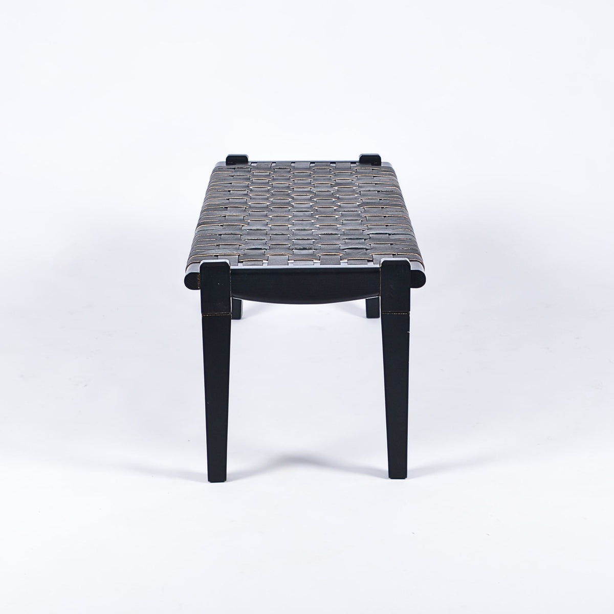 Solveig Black Teak Wood Woven Leather Bench Black Strap - LuxoraCraft