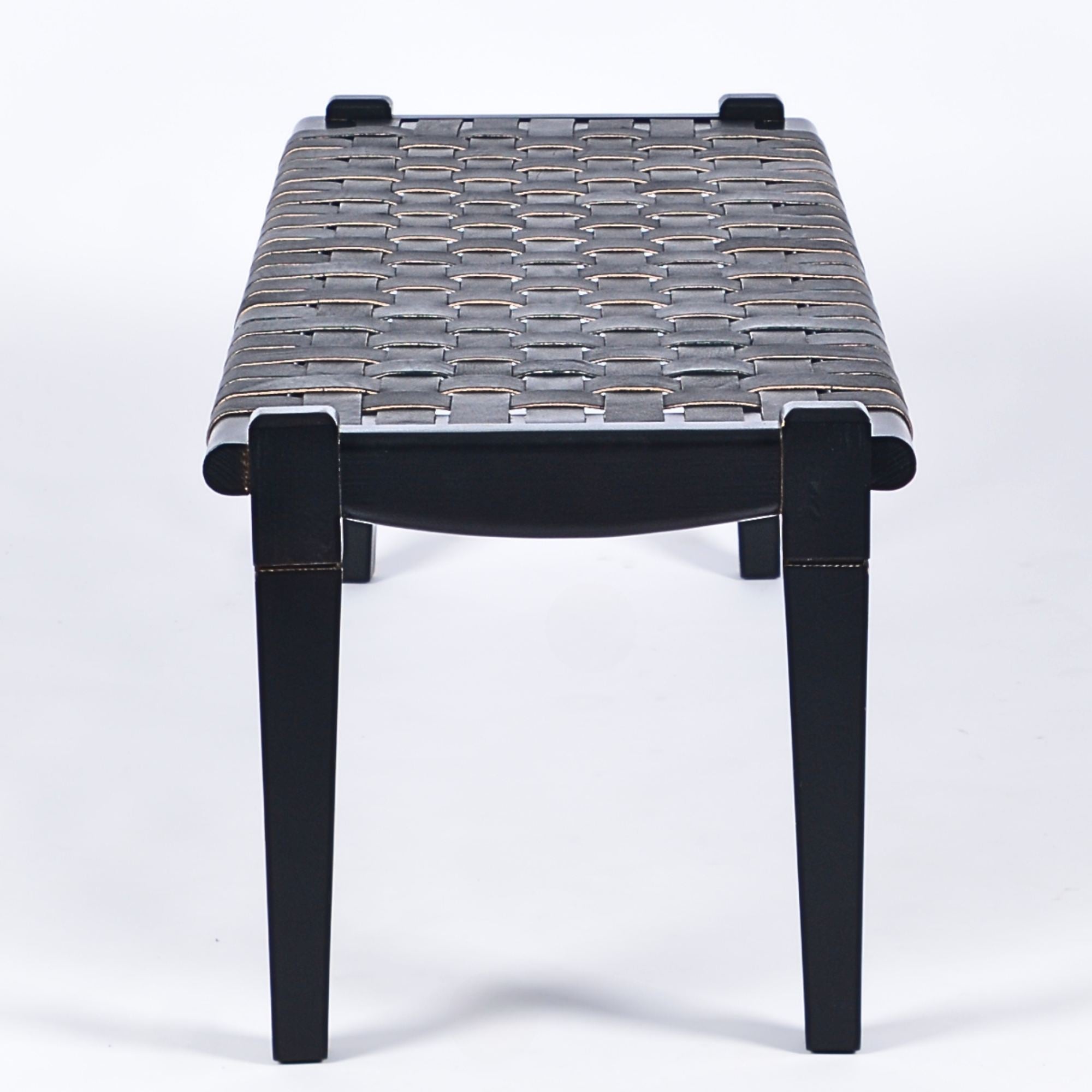 Solveig Black Strap Leather Bench Black Teak Handcrafted - LuxoraCraft