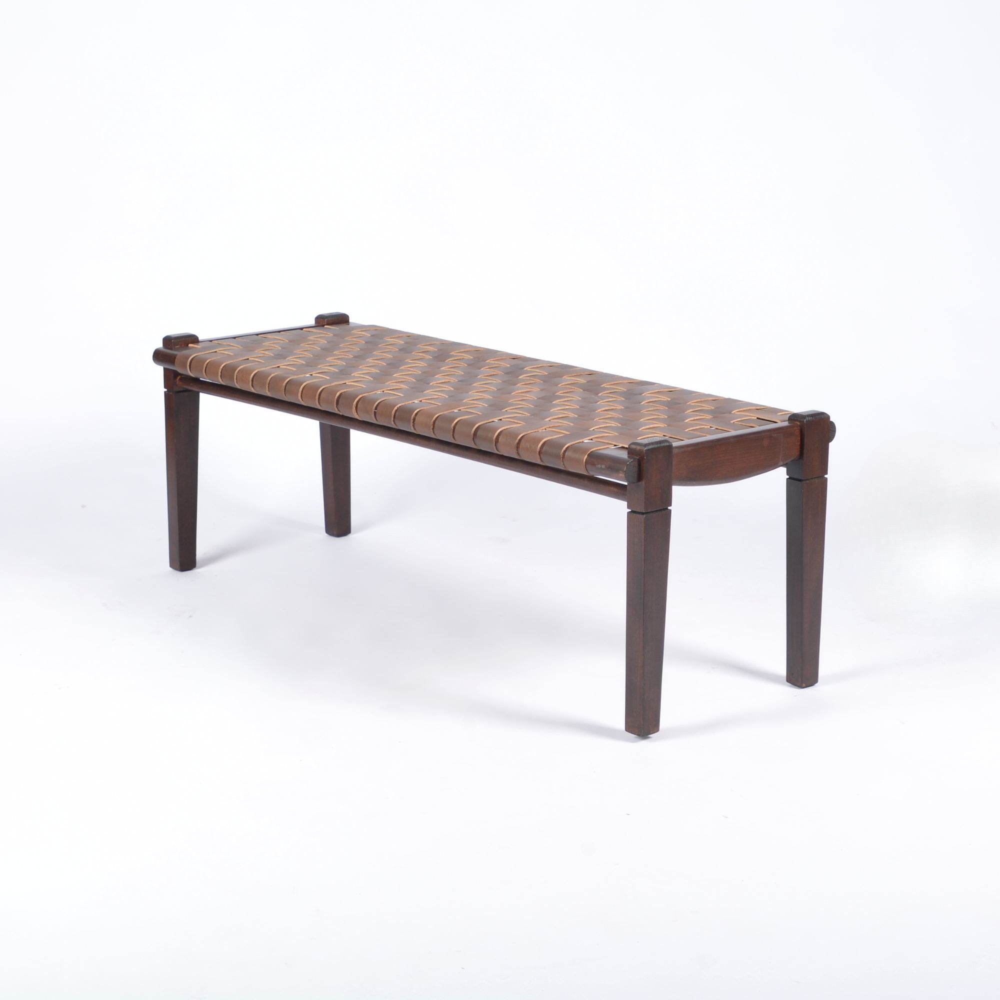 Solveig Woven Leather Bench Brown Strap Brown Teak Wood - LuxoraCraft