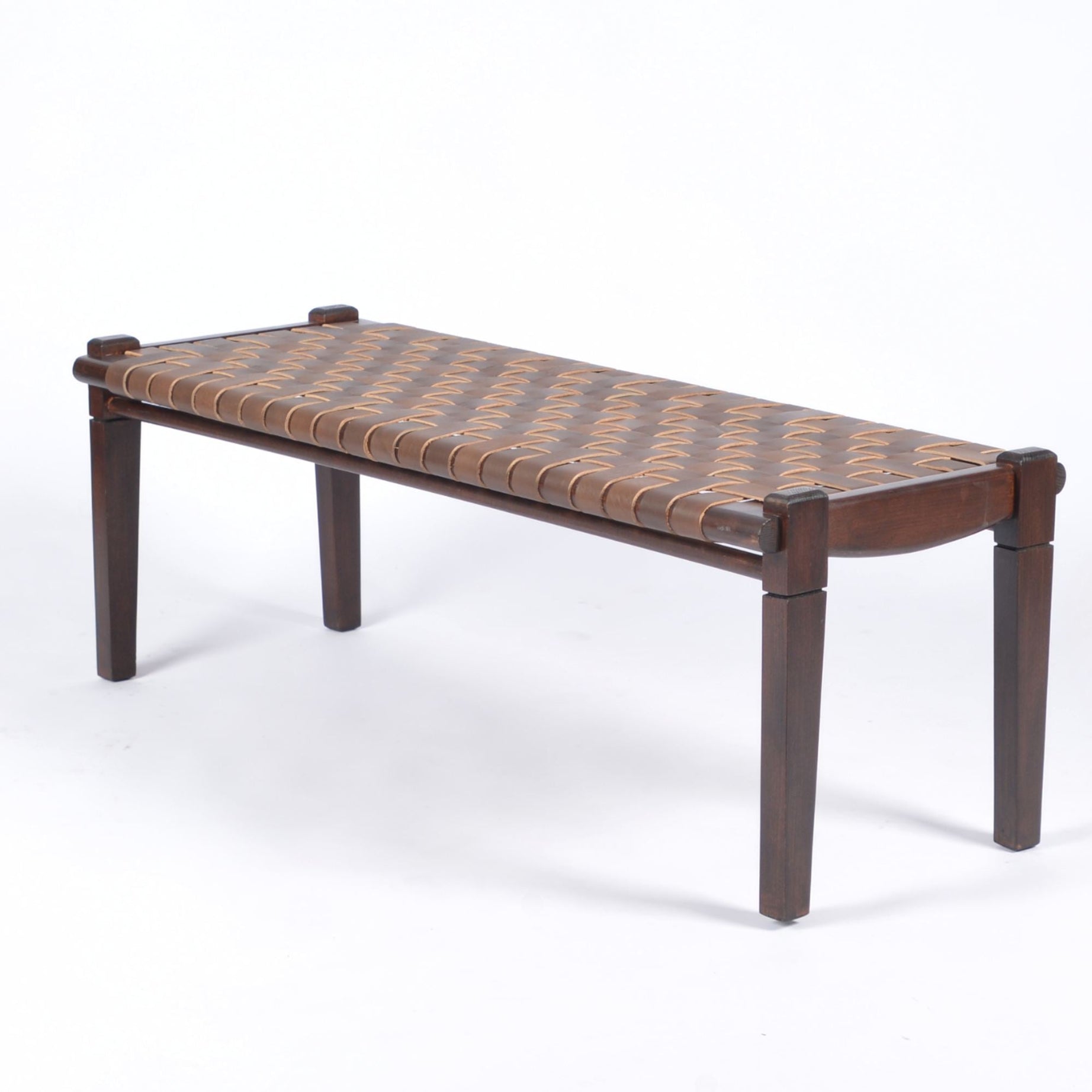 Solveig Brown Strap Woven Leather Bench Brown Teak - LuxoraCraft