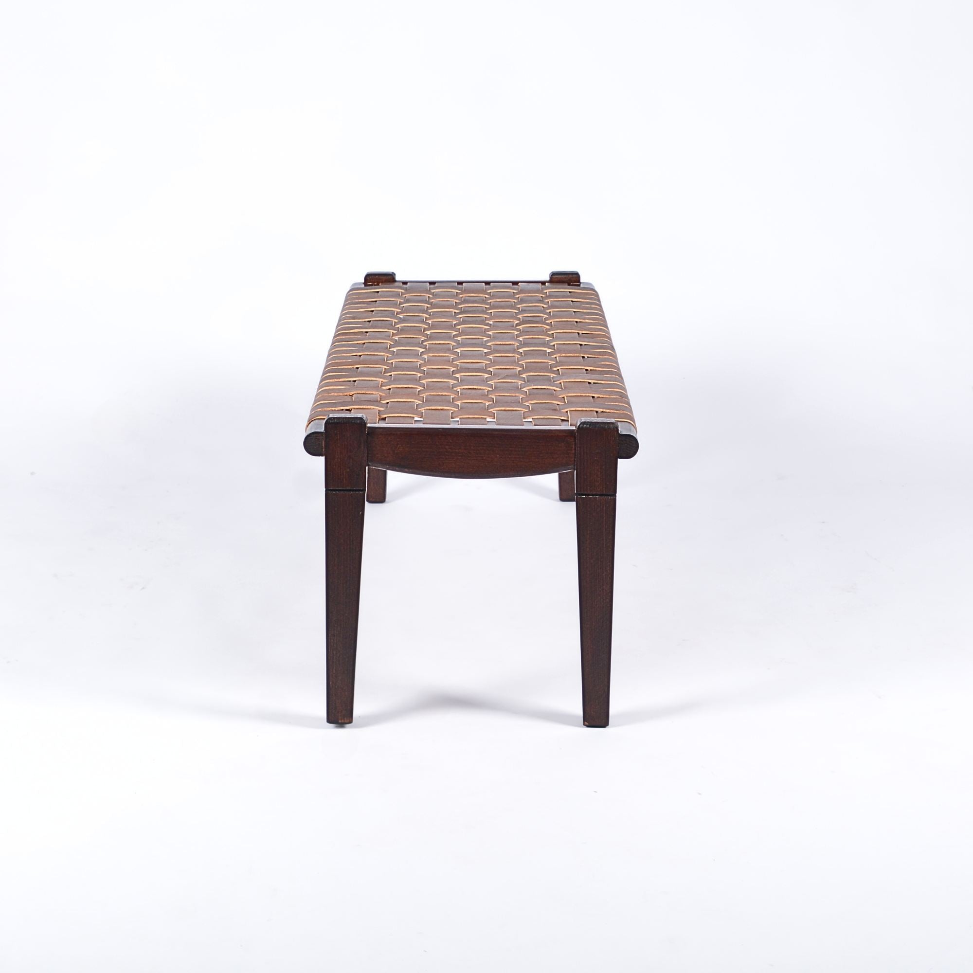 Solveig Brown Teak Wood Woven Leather Bench Brown Strap - LuxoraCraft