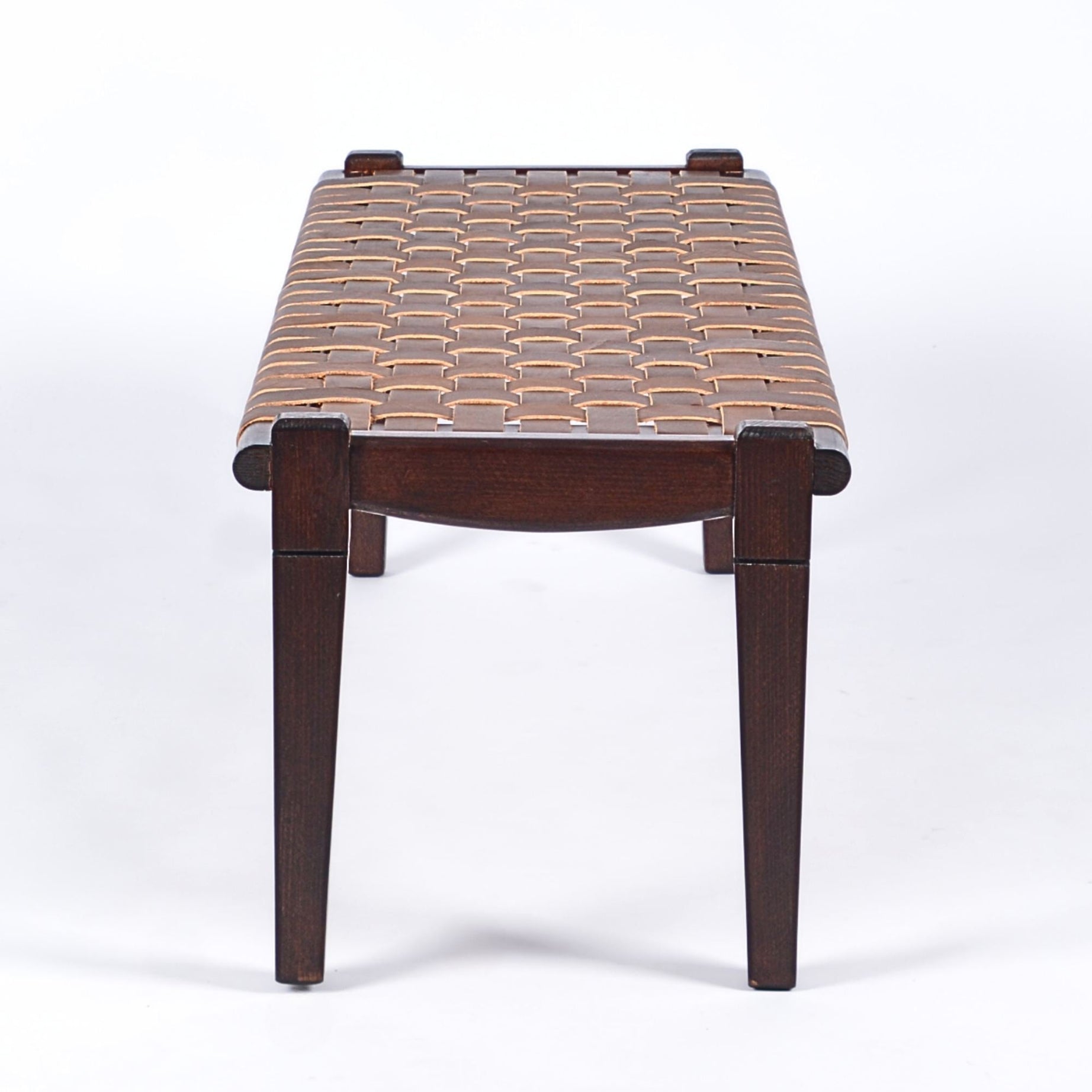 Solveig Brown Strap Leather Bench Brown Teak Handcrafted - LuxoraCraft