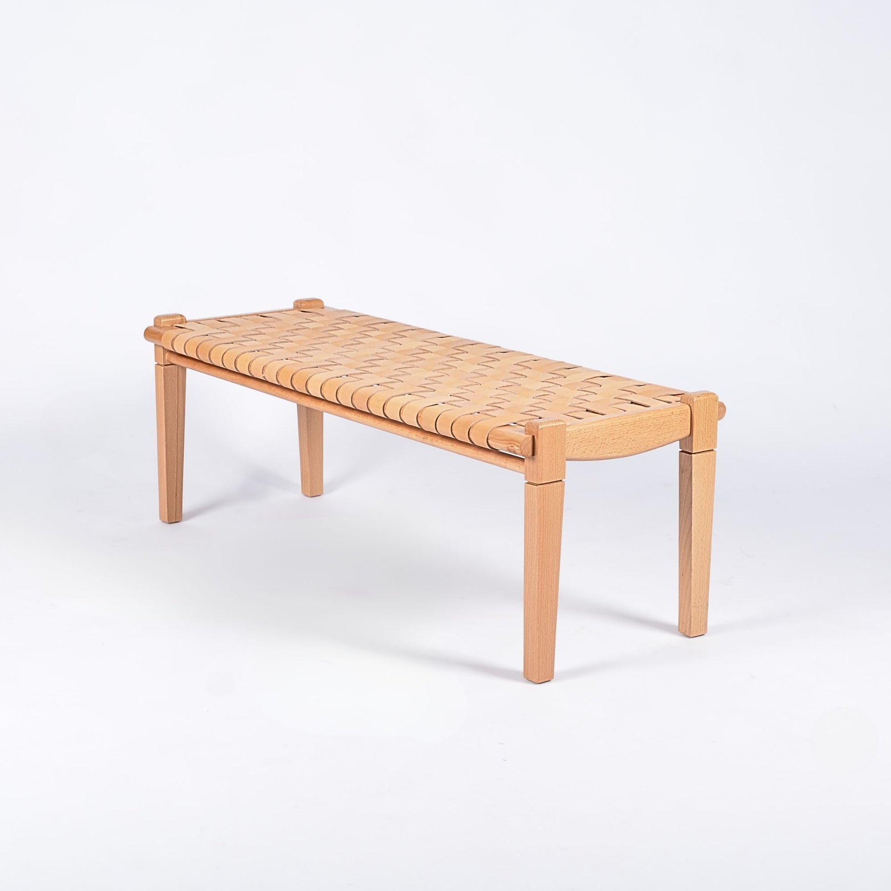 Solveig Woven Beige Leather Bench Varnished Teak Wood Front - LuxoraCraft