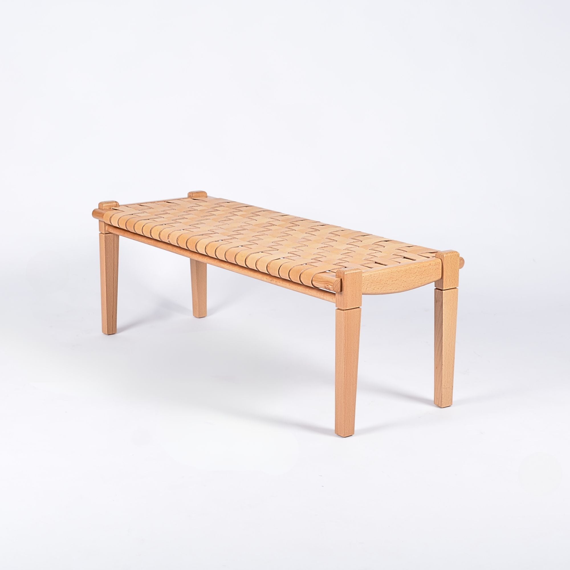Solveig Woven Beige Leather Bench Varnished Teak Wood Front - LuxoraCraft