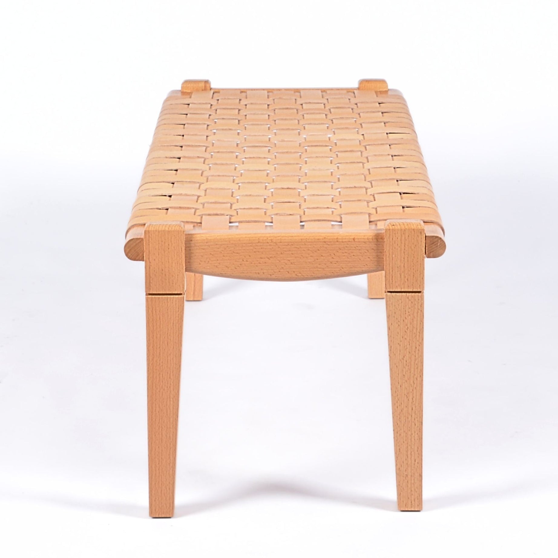 Solveig Beige Leather Strap Bench Varnished Teak Wood - LuxoraCraft