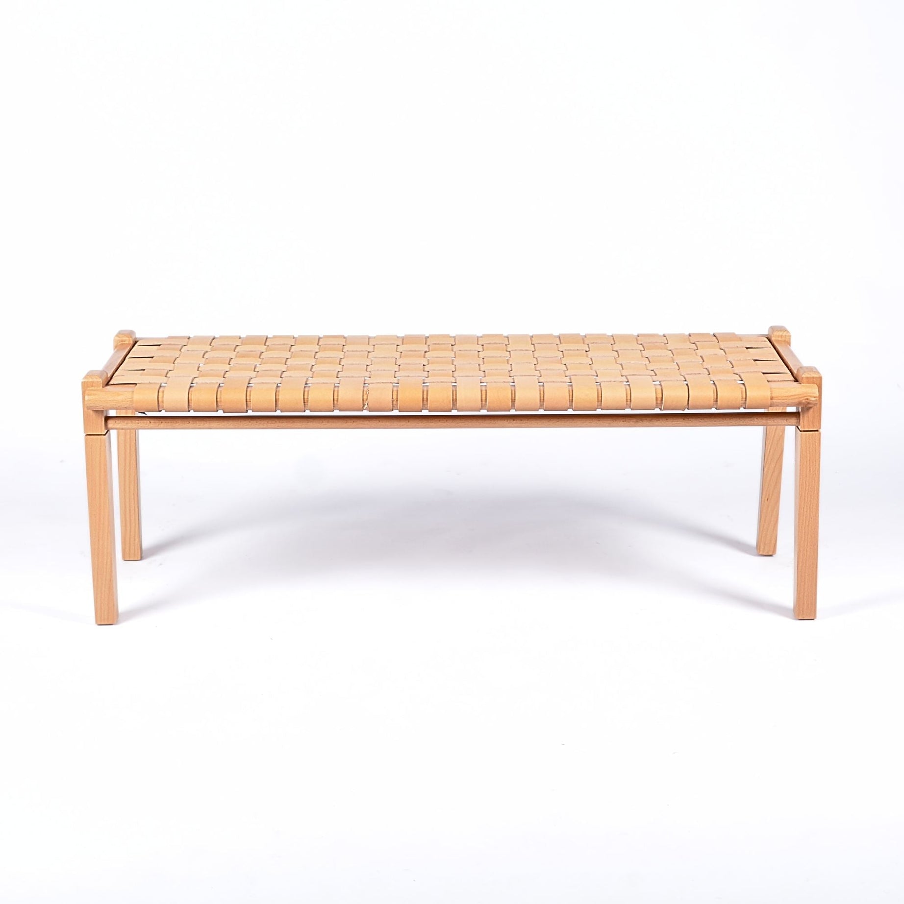 Solveig Beige Strap Woven Leather Bench Varnished Teak - LuxoraCraft