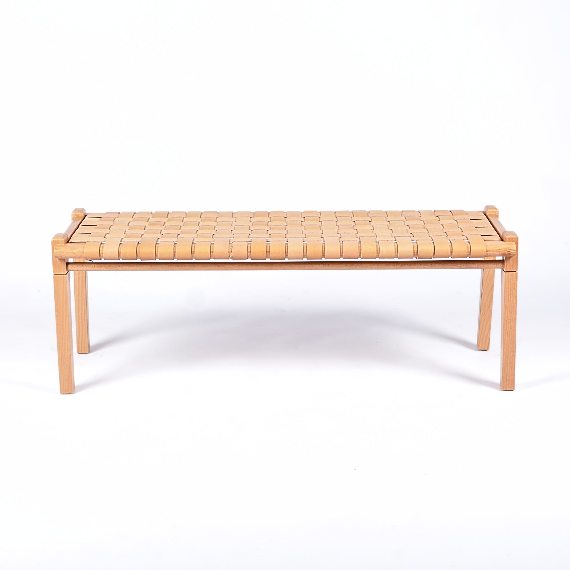 Solveig Beige Strap Woven Leather Bench Varnished Teak - LuxoraCraft
