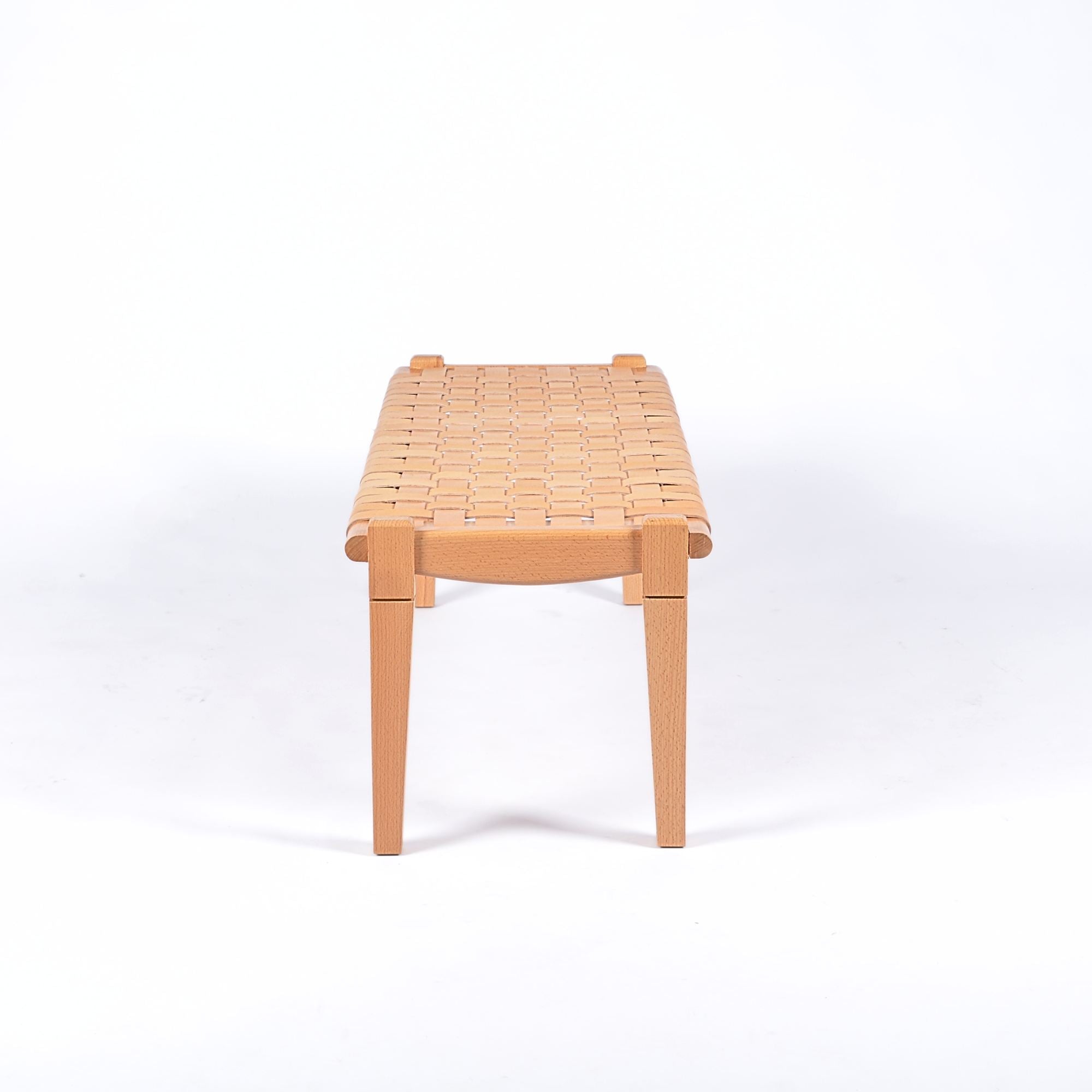 Solveig Woven Beige Leather Bench Varnished Teak Design - LuxoraCraft