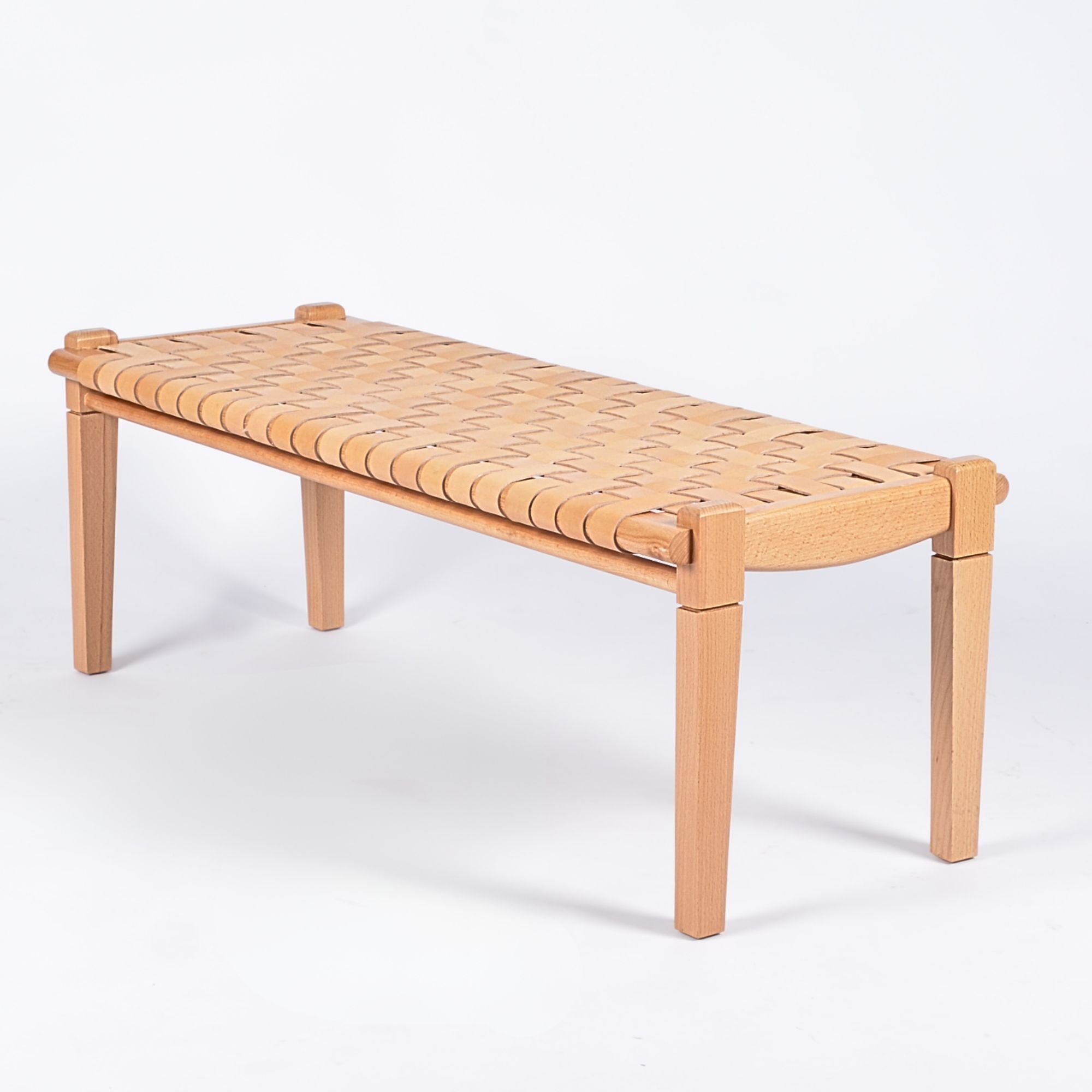 Solveig Woven Leather Bench Beige Strap Varnished Teak - LuxoraCraft