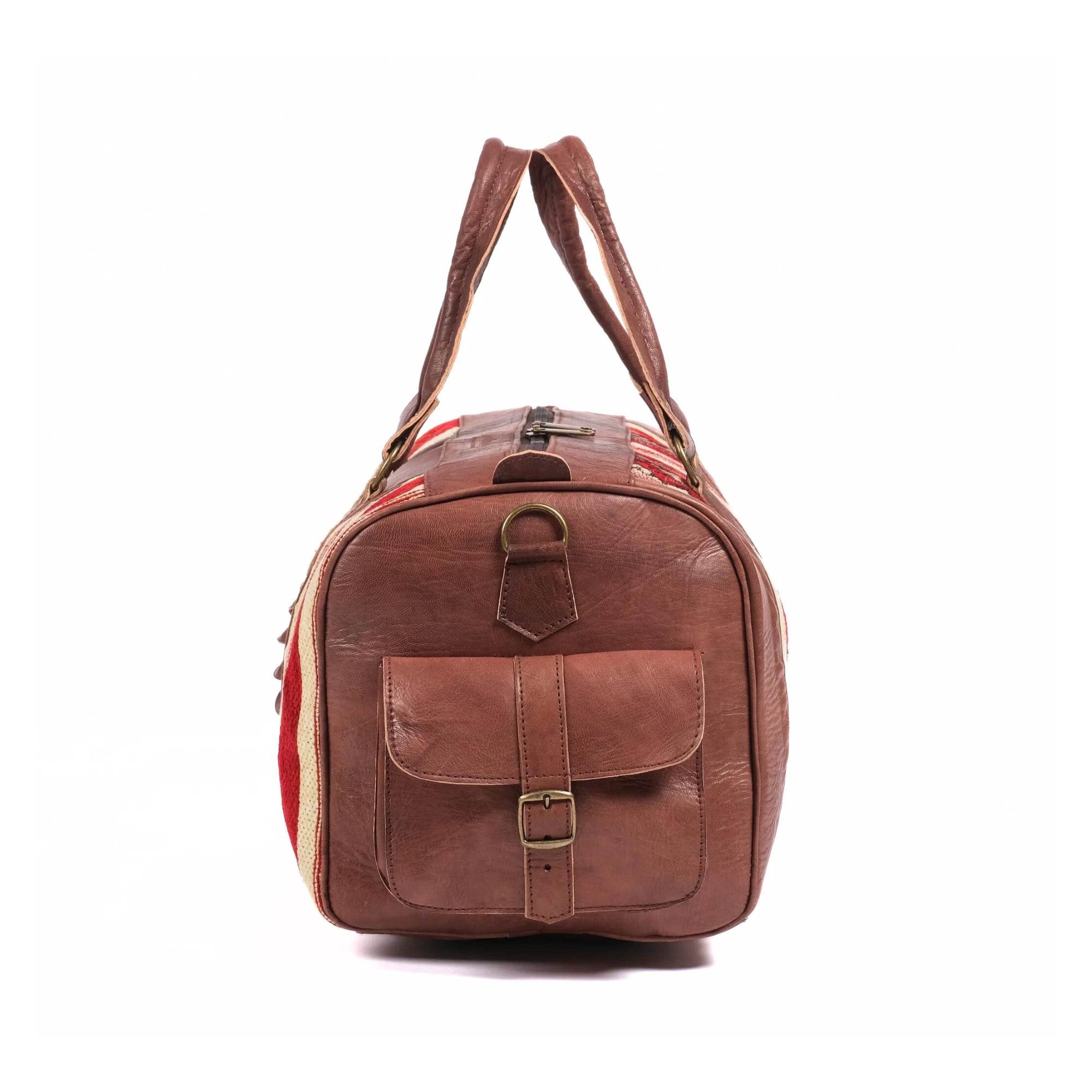 Sun Design Kilim Leather Duffel Bag Brown Artisan Made - LuxoraCraft