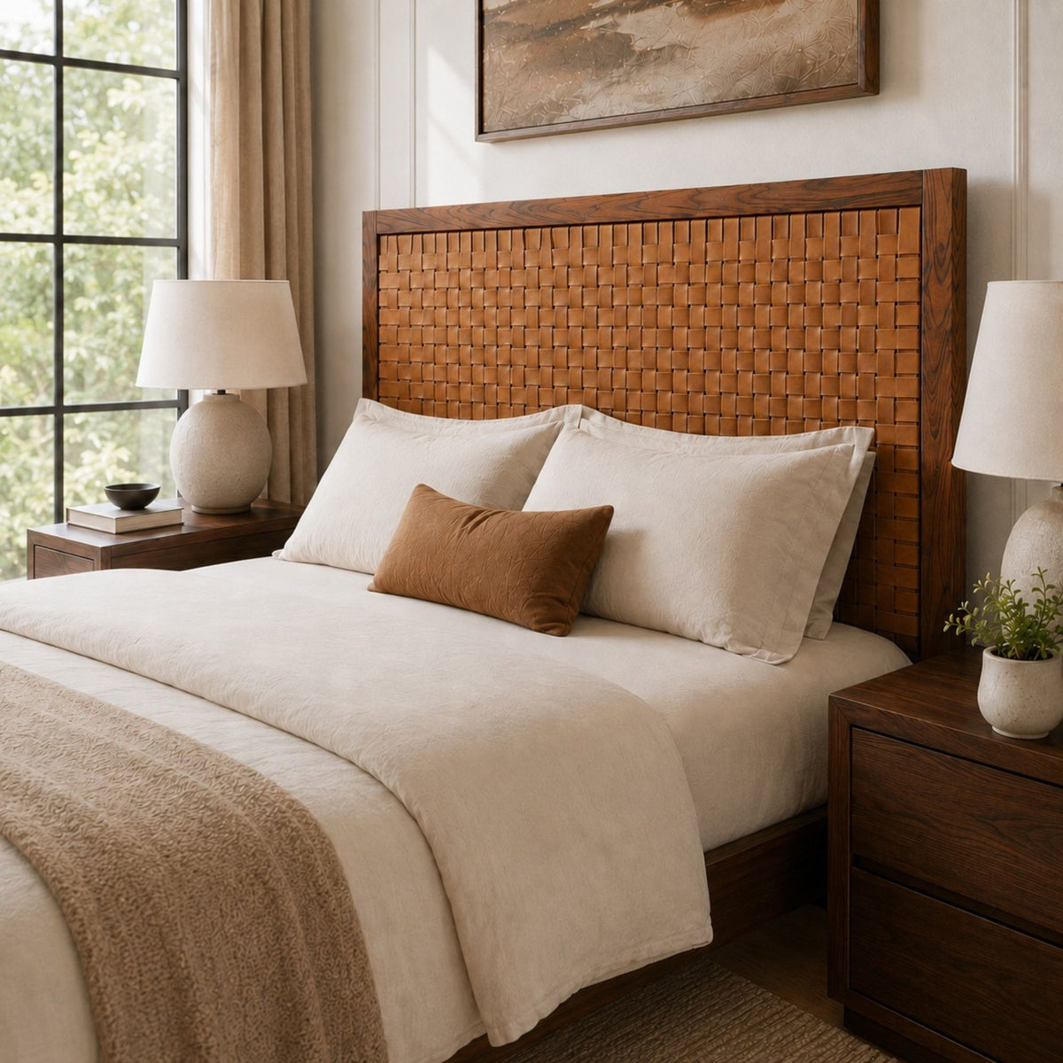 Handcrafted Walnut Headboard with Full-Grain Leather Straps