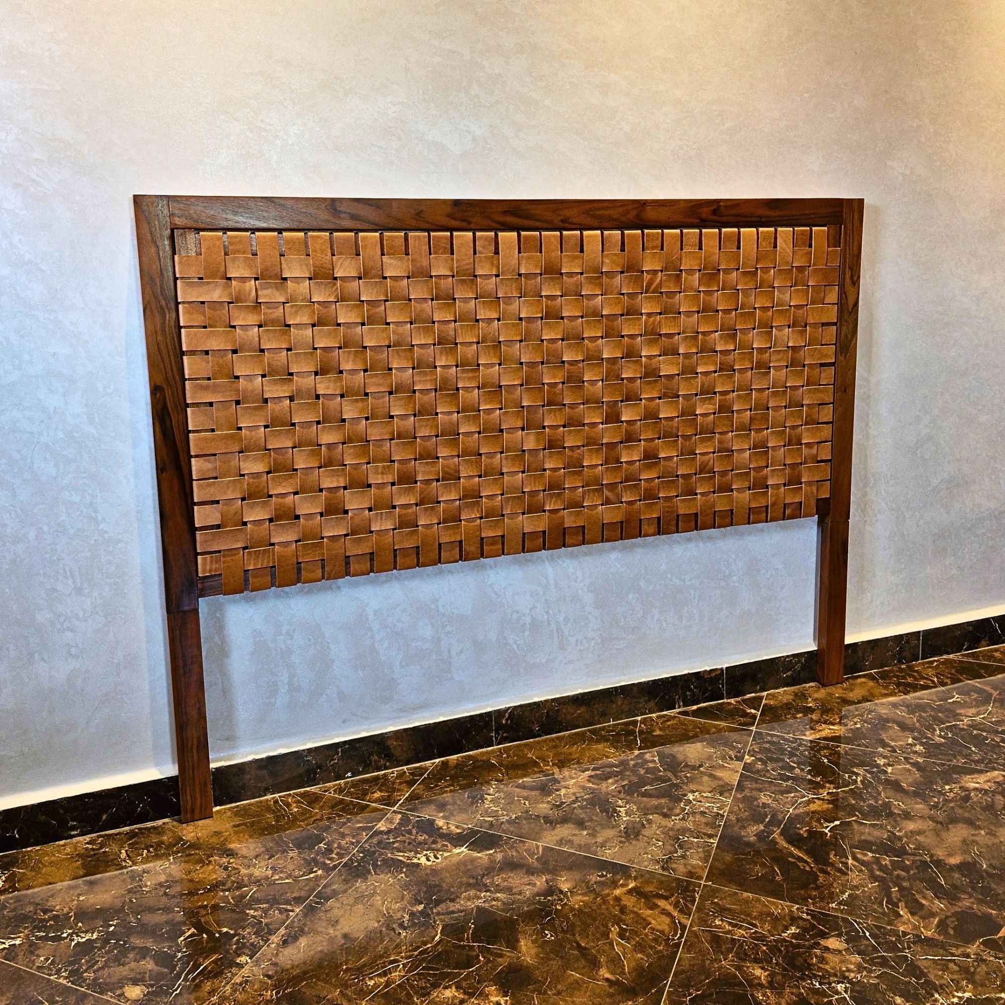 Handcrafted Walnut Headboard with Full-Grain Leather Straps