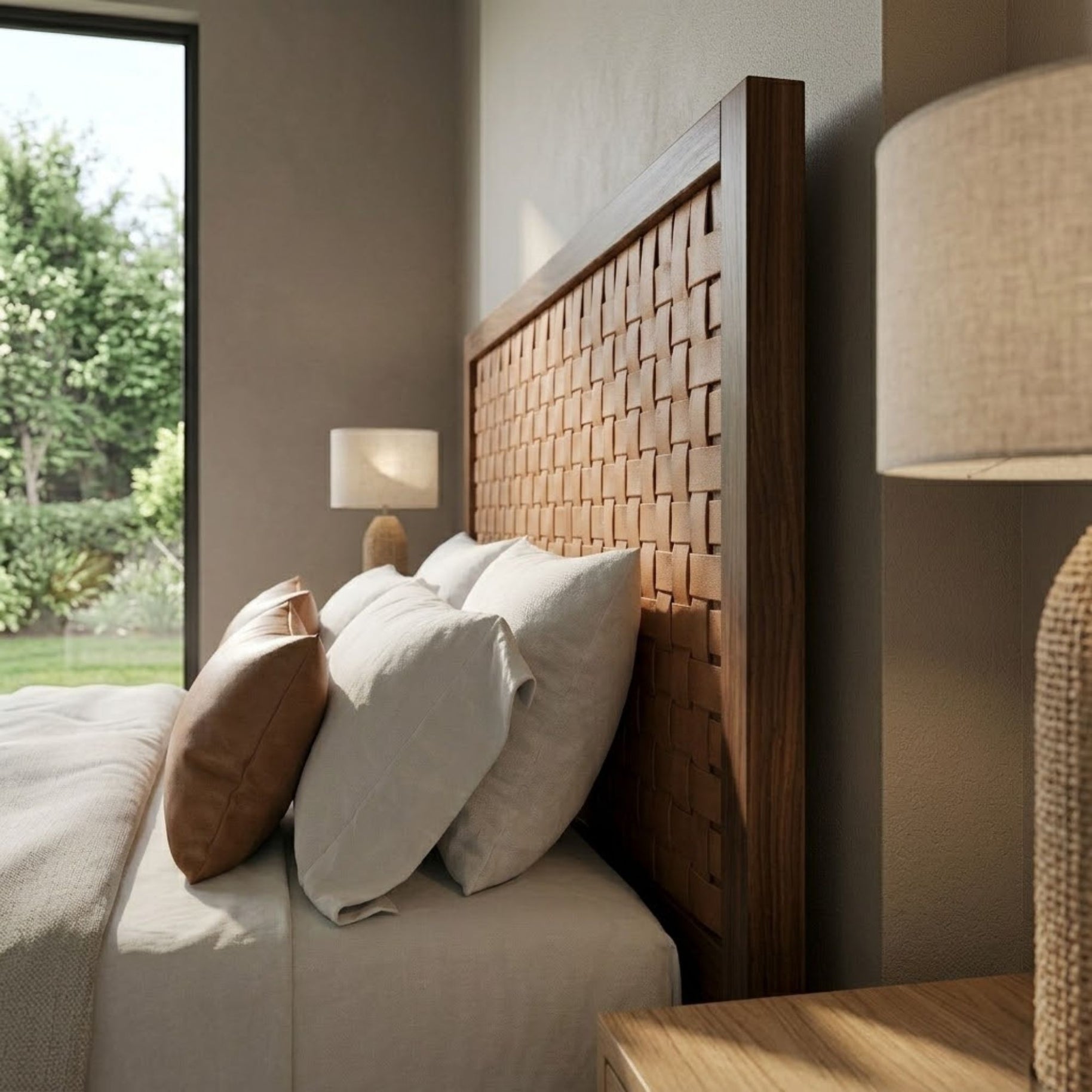 Handcrafted Walnut Headboard with Full-Grain Leather Straps