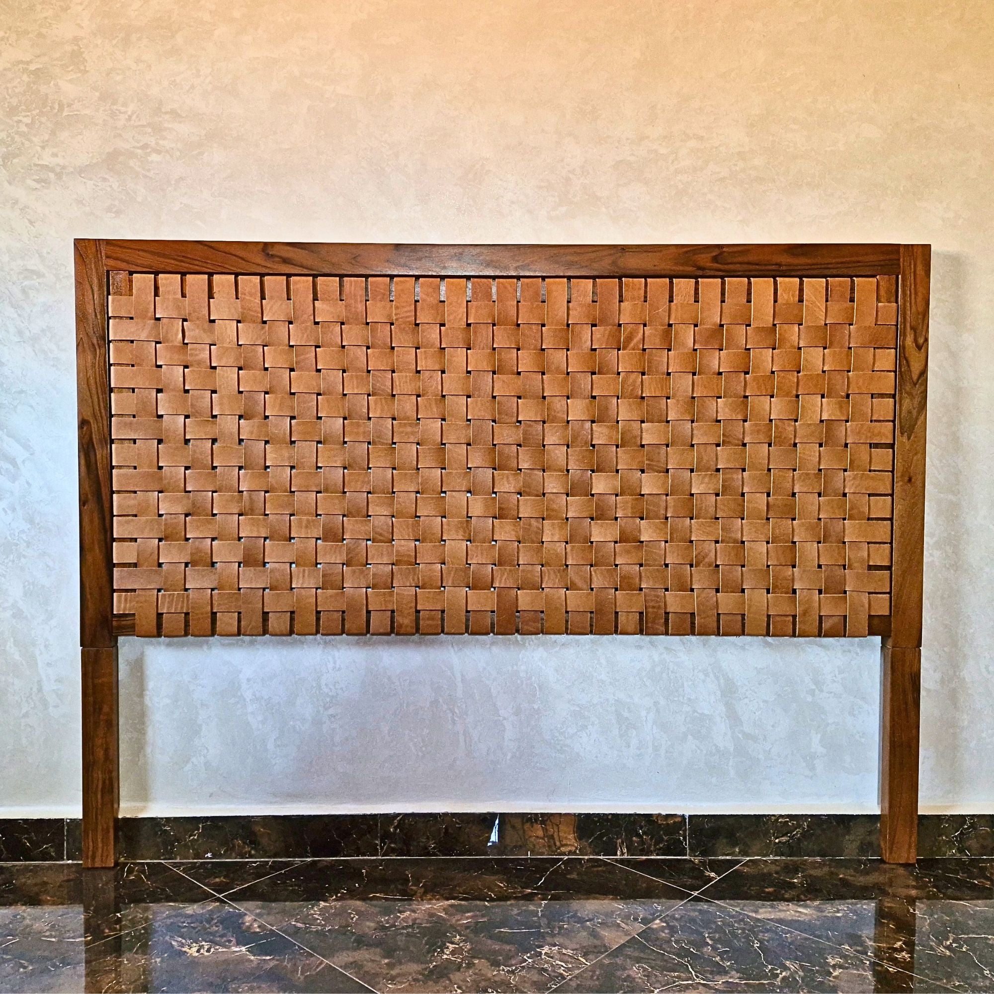 Handcrafted Walnut Headboard with Full-Grain Leather Straps