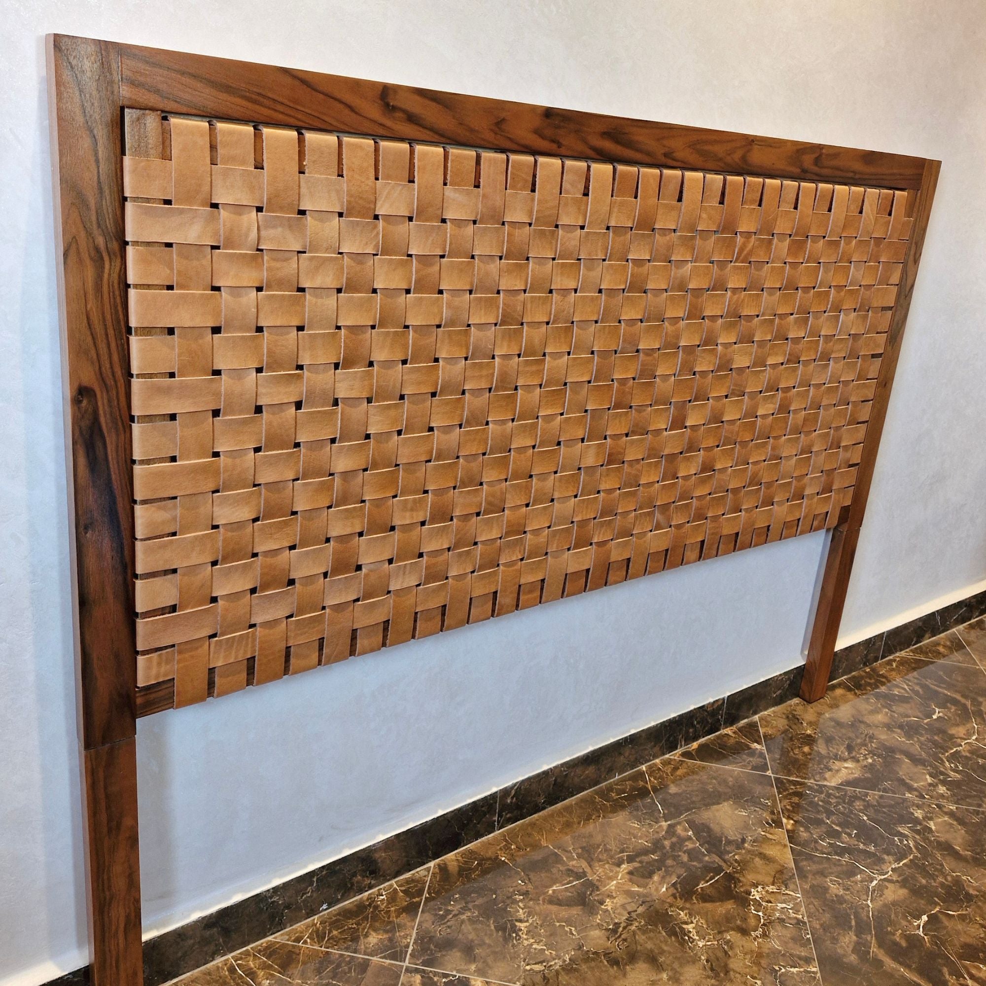 Handcrafted Walnut Headboard with Full-Grain Leather Straps