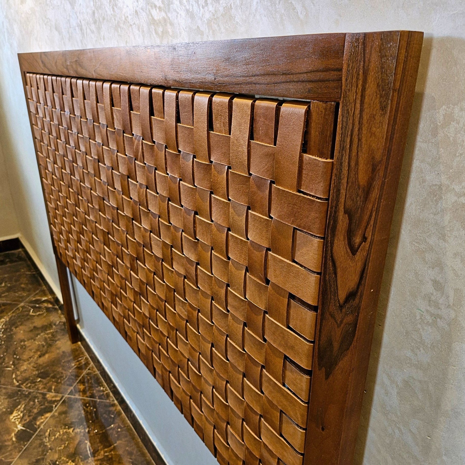 Handcrafted Walnut Headboard with Full-Grain Leather Straps