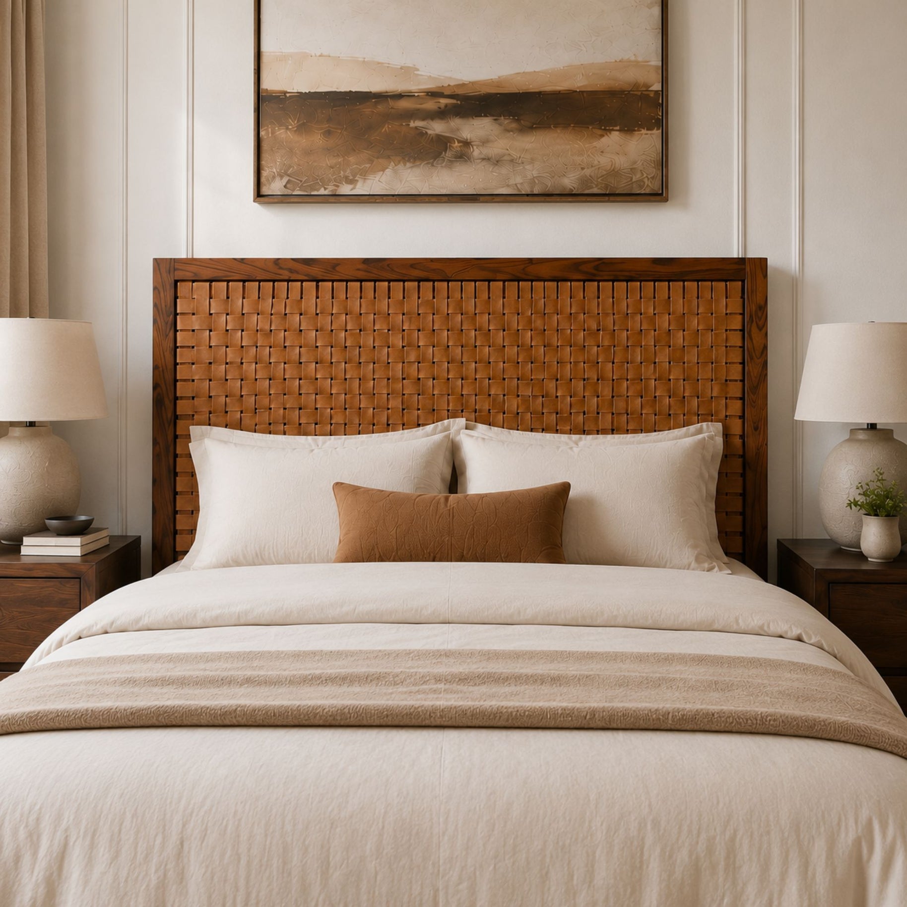 Handcrafted Walnut Headboard with Full-Grain Leather Straps