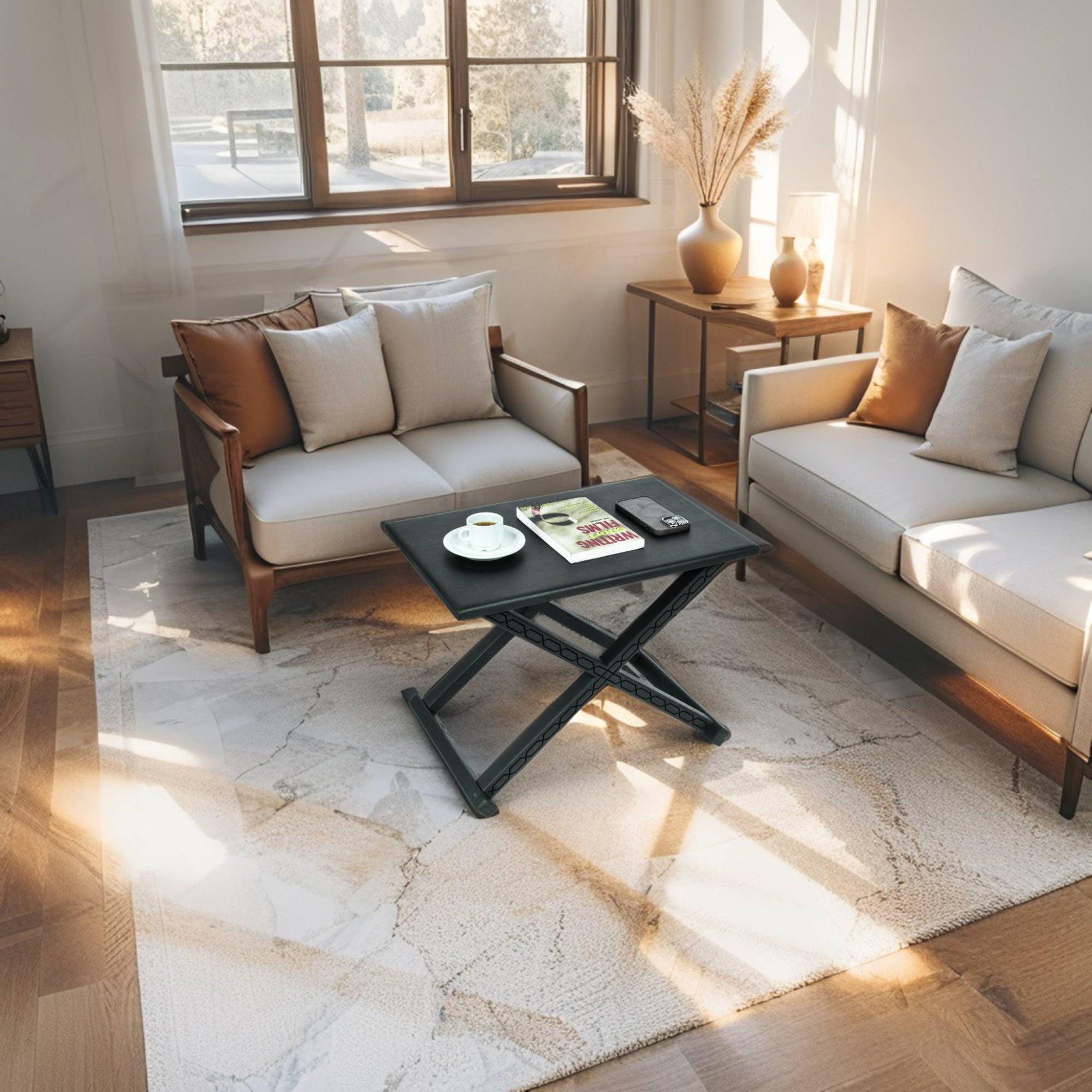 Handcrafted Black X Stool and Coffee Table – Dual 2-in-1 Functional Design