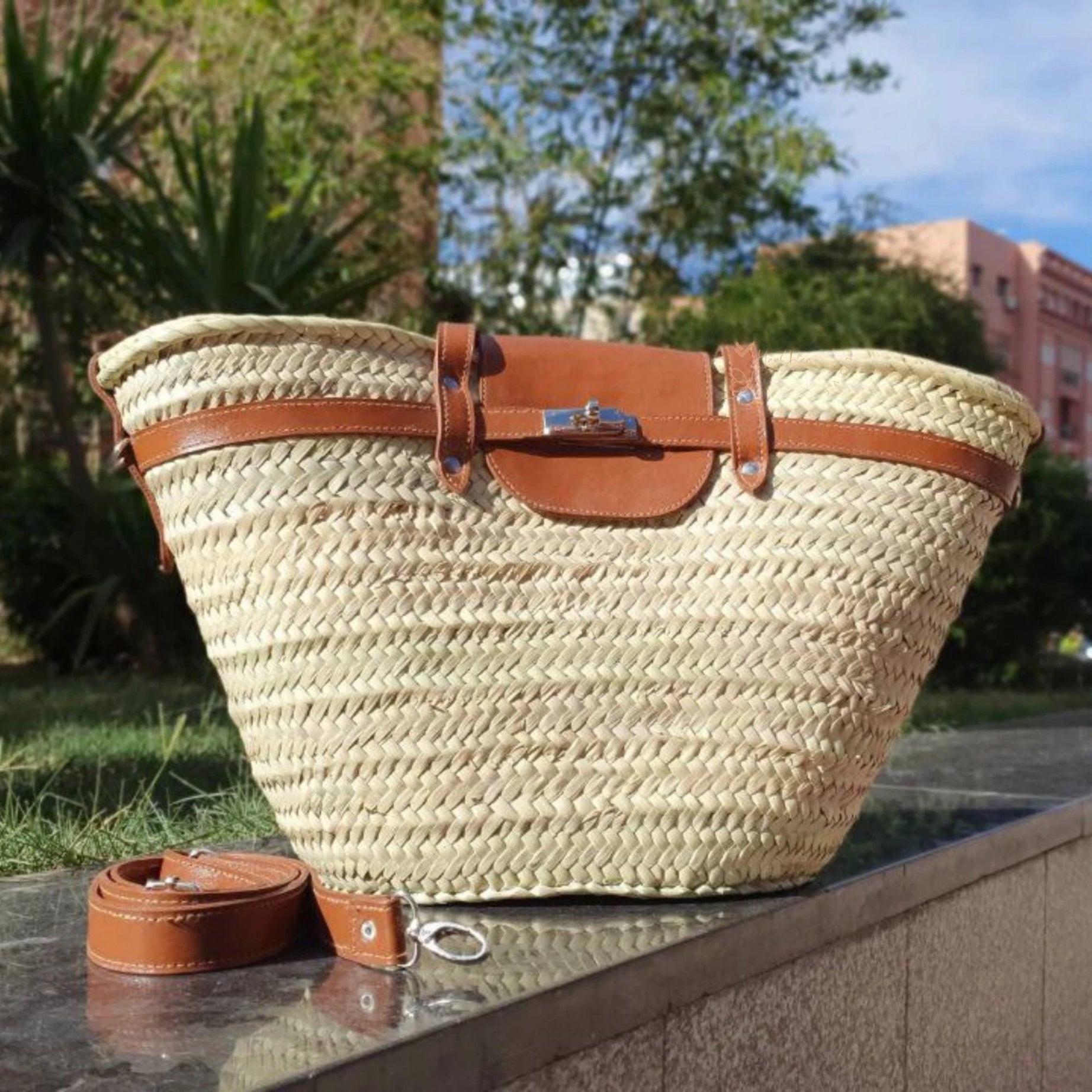 Handmade Large Woven Palm Leaf Beach Bag – French Straw Basket with Leather Straps