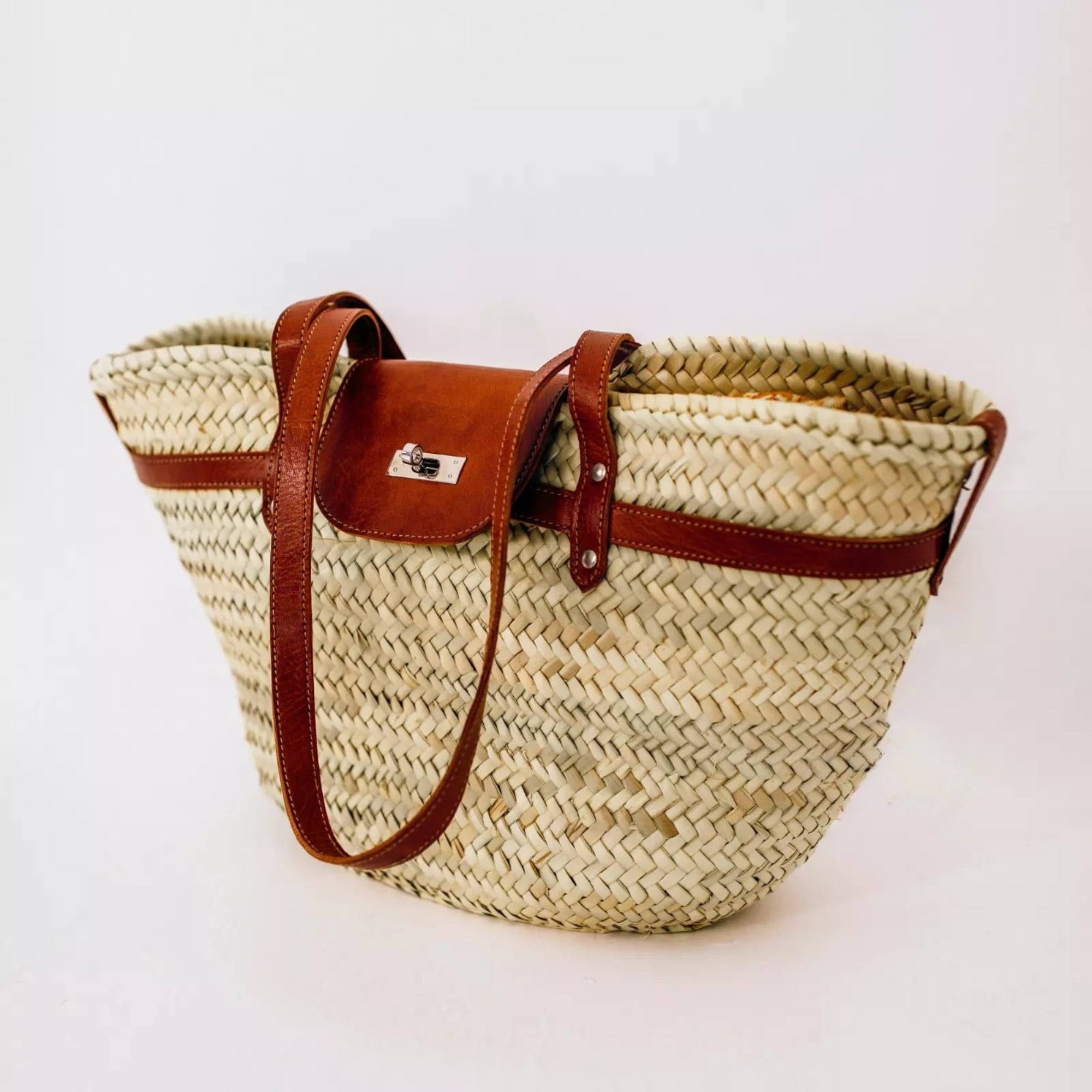Handmade Large Woven Palm Leaf Beach Bag – French Straw Basket with Leather Straps